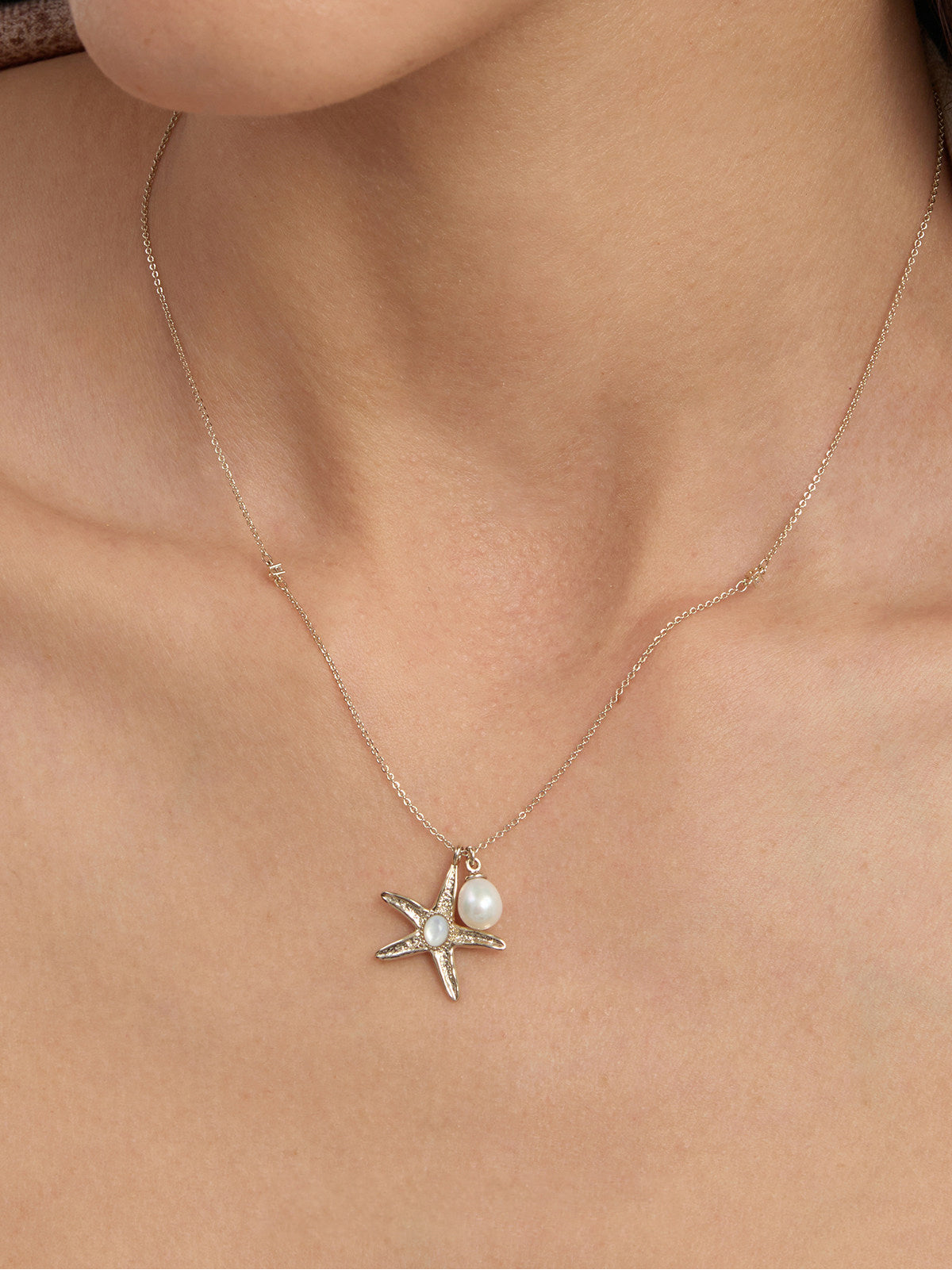 Ocean Series Textured Starfish Pendant Necklace, Two Sizes Pale Titanium Gold with Freshwater Pearl & Mother of Pearl Adjustable Chain for Women   LUNA-X261