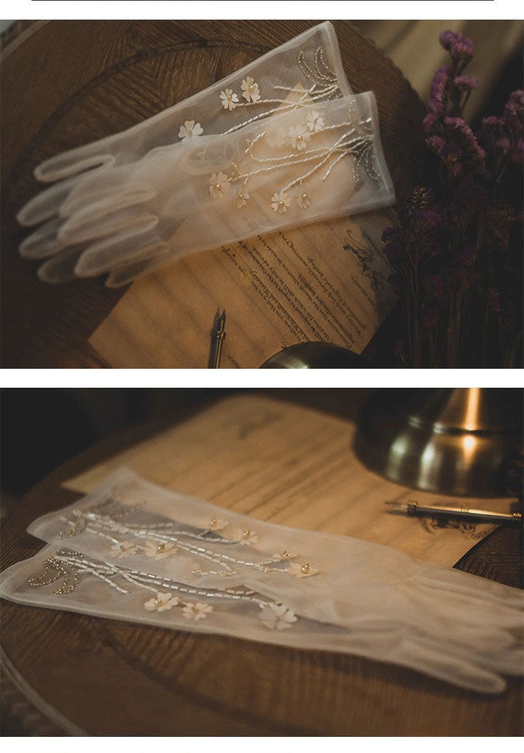 Ethereal Blossom Illusion Mesh Bridal Gloves - 35cm White 3D Floral Hand-Beaded Wedding Gloves - Vintage Cottagecore Sheer Prom Mittens LUNA-X316