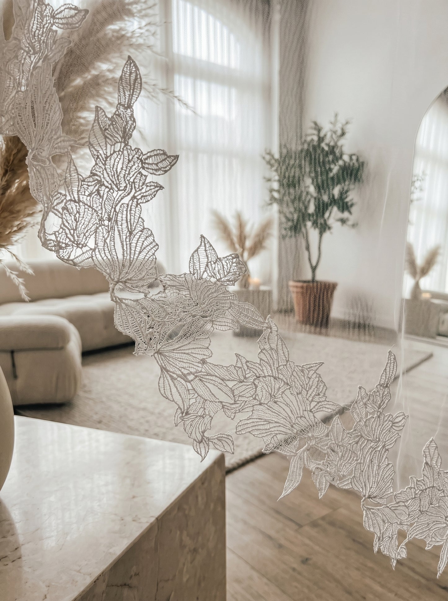 French Large Leaf Lace Cathedral Veil - Luxury 3m Embroidered Botanical Wedding Veil with Invisible Comb, Royal Bridal Lace Veil  LUNA-X61