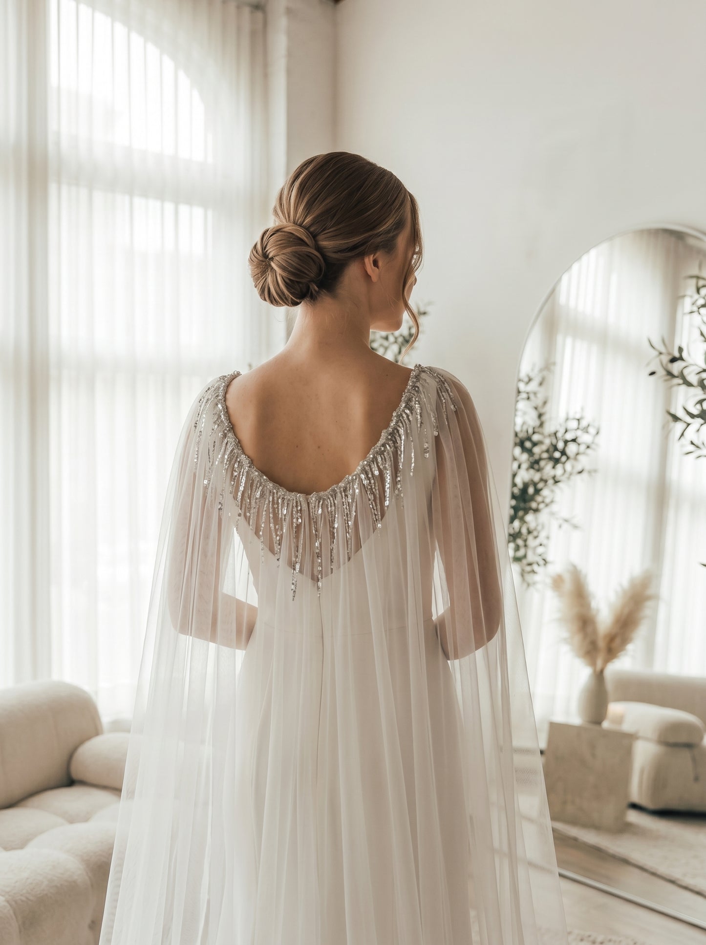 Sparkly Sequin Tassel Bridal Cape Veil - 118 Inch Cathedral Length Wedding Cape Soft Tulle Cathedral Bridal Train Shawl LUNA-X232