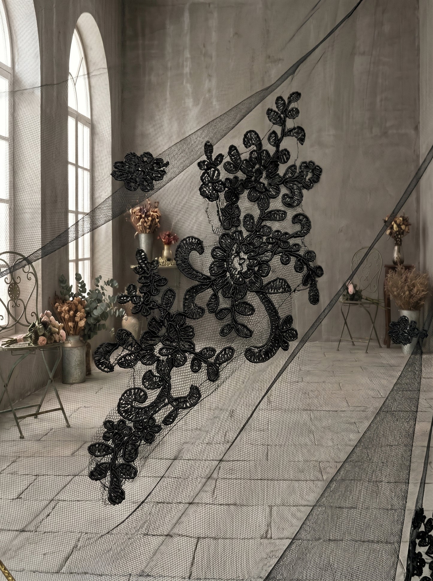 Luxury 3D Floral Black Gothic Royal Cathedral Veil with Comb - 3.5M Single Tier Swiss Dot Wedding Veil, 3M Extra-Wide Moody Bridal Veil LUNA-X82