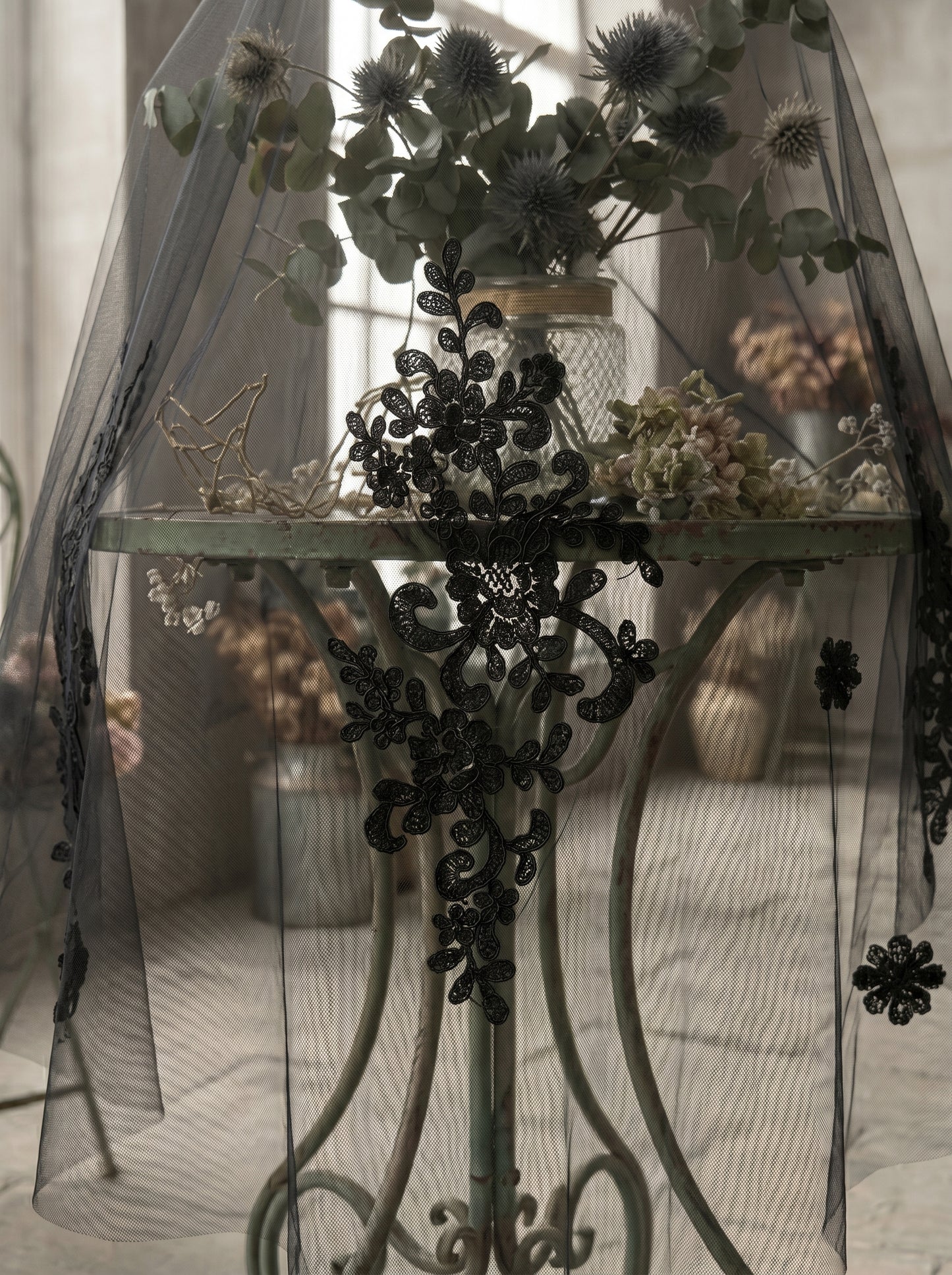 Luxury 3D Floral Black Gothic Royal Cathedral Veil with Comb - 3.5M Single Tier Swiss Dot Wedding Veil, 3M Extra-Wide Moody Bridal Veil LUNA-X82