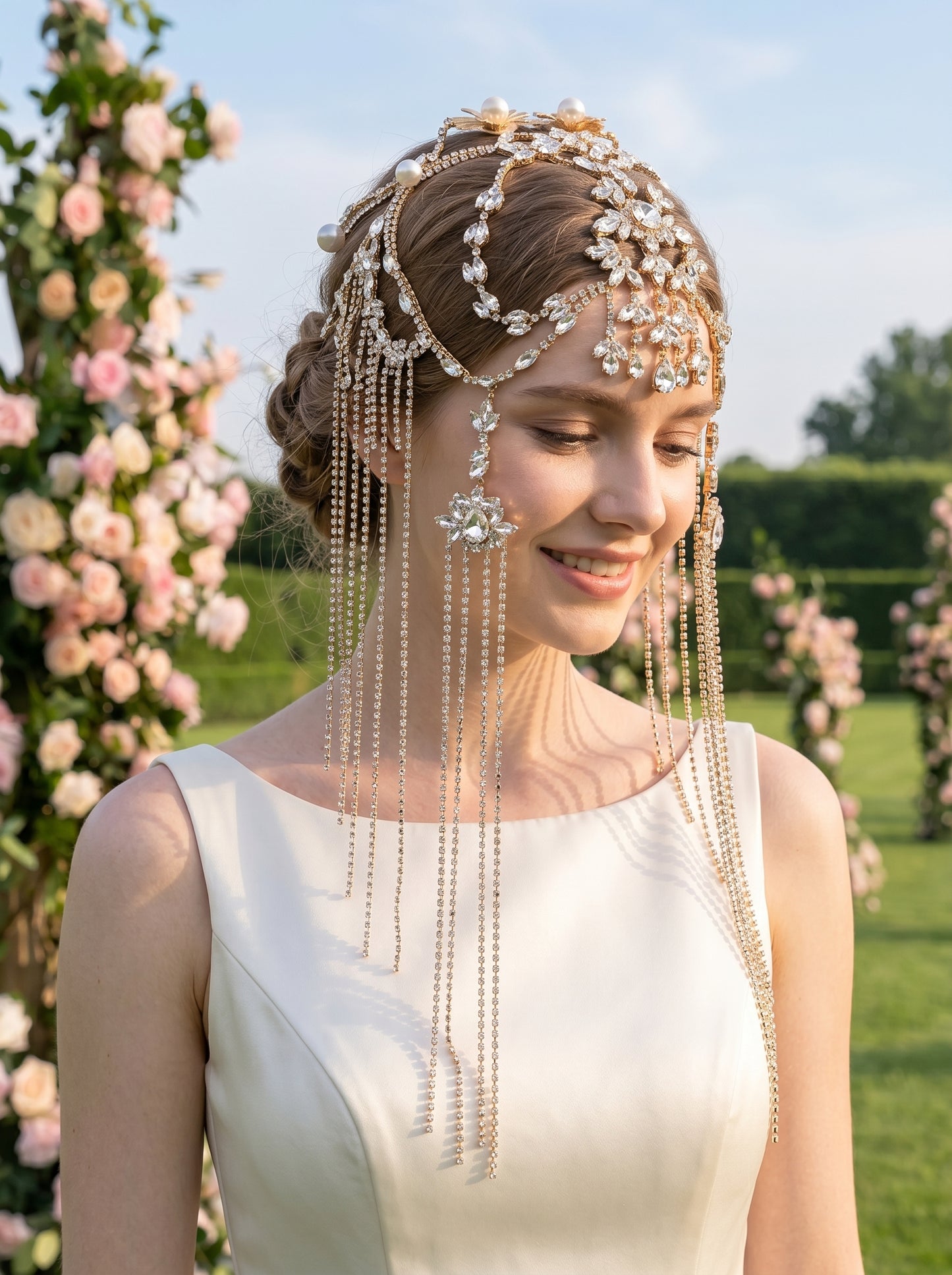 Exotic Marquise Crystal Wedding Headband, One Size Statement Pearl Fringe Hair Vine, Bridal Shower Festival Tassel Tiara LUNA-X201