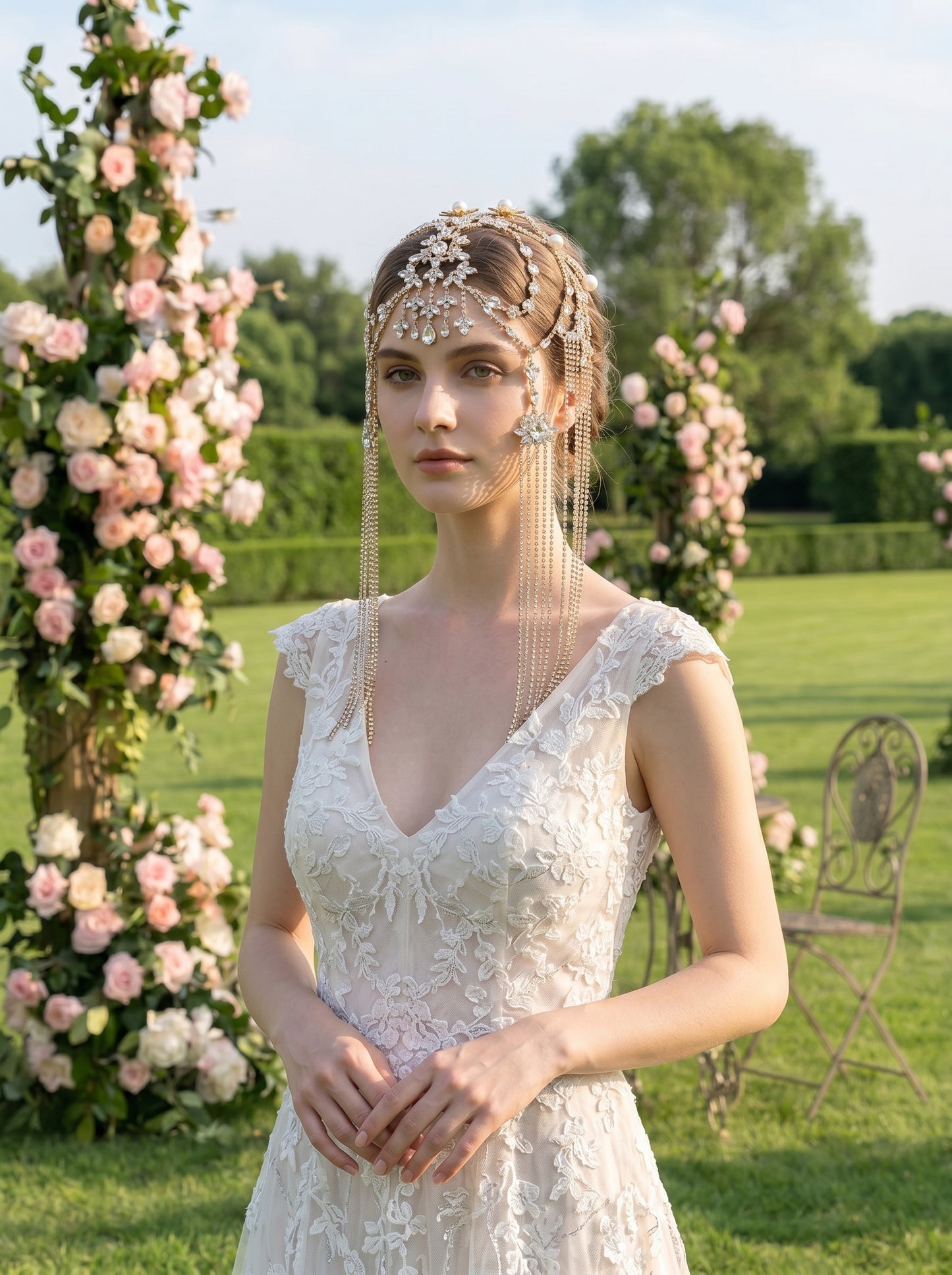 Exotic Marquise Crystal Wedding Headband, One Size Statement Pearl Fringe Hair Vine, Bridal Shower Festival Tassel Tiara LUNA-X201