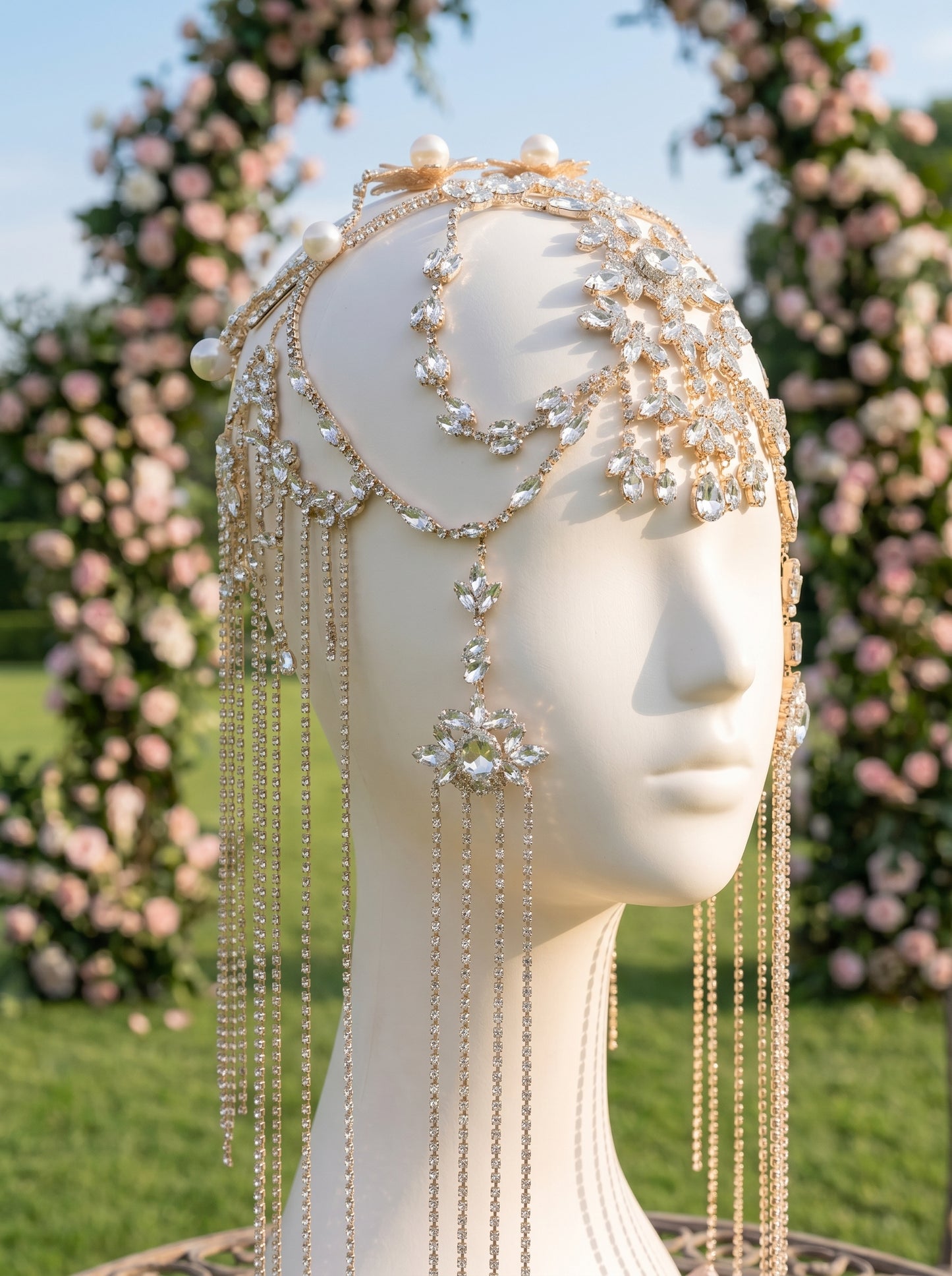 Exotic Marquise Crystal Wedding Headband, One Size Statement Pearl Fringe Hair Vine, Bridal Shower Festival Tassel Tiara LUNA-X201