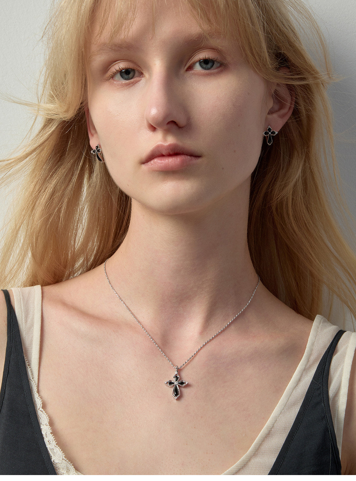Women’s Vintage Filigree Hollow Cross Pendant Necklace, Two Sizes, Silver Rhodium Plated, Black Onyx / White Mother of Pearl & Cubic Zirconia Adjustable Chain LUNA-X258