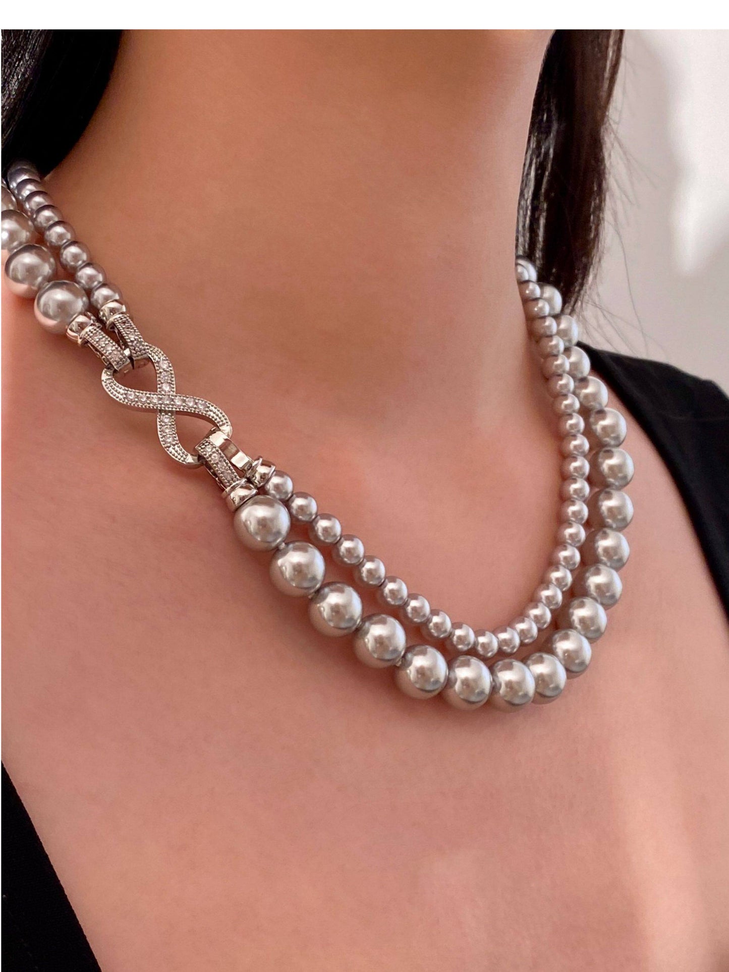 Double Layer Gradient Pearl Choker Necklace for Women, Two-Tier Australian White & Gray Madama Pearls 4/6mm+8/10mm Adjustable 44-46cm Collarbone Chain Crystal Infinity Clasp Wedding Bridal Statement Fine Jewelry Gift  LUNA-X294