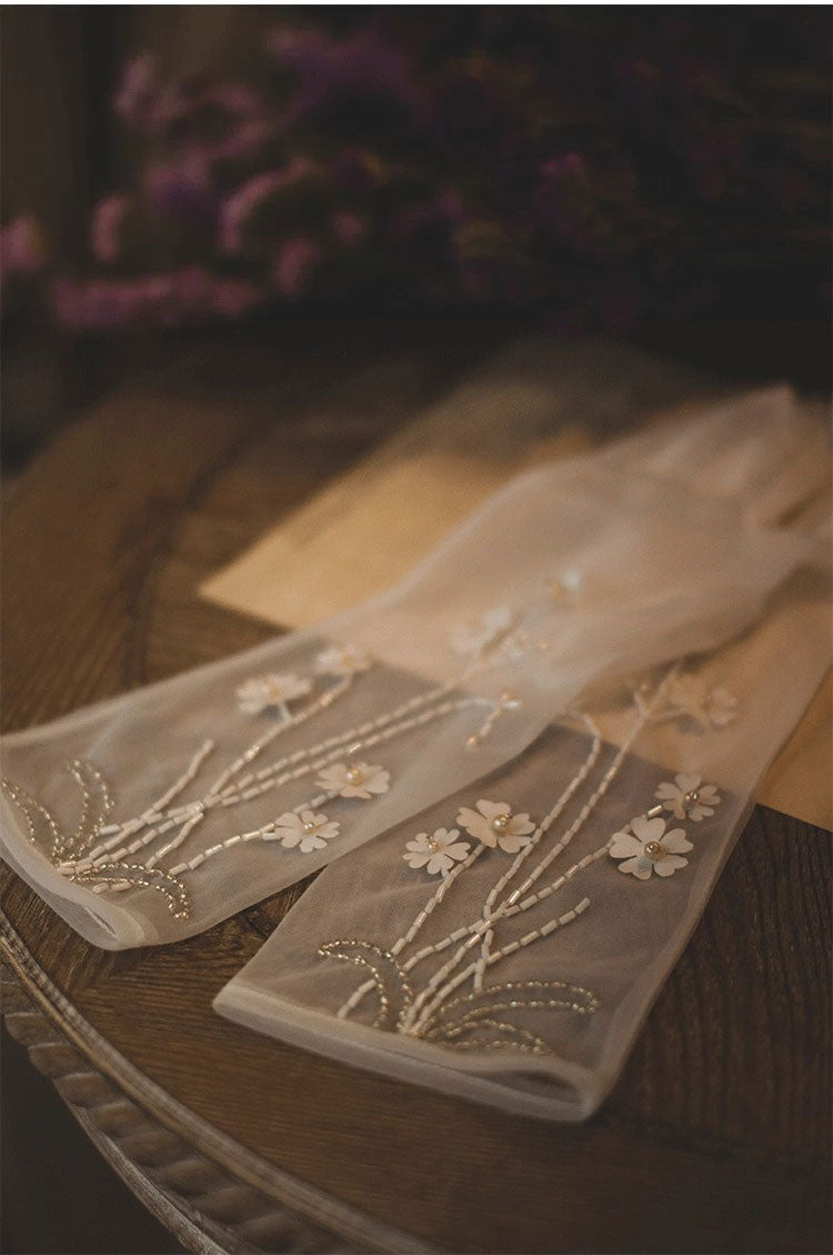 Ethereal Blossom Illusion Mesh Bridal Gloves - 35cm White 3D Floral Hand-Beaded Wedding Gloves - Vintage Cottagecore Sheer Prom Mittens LUNA-X316
