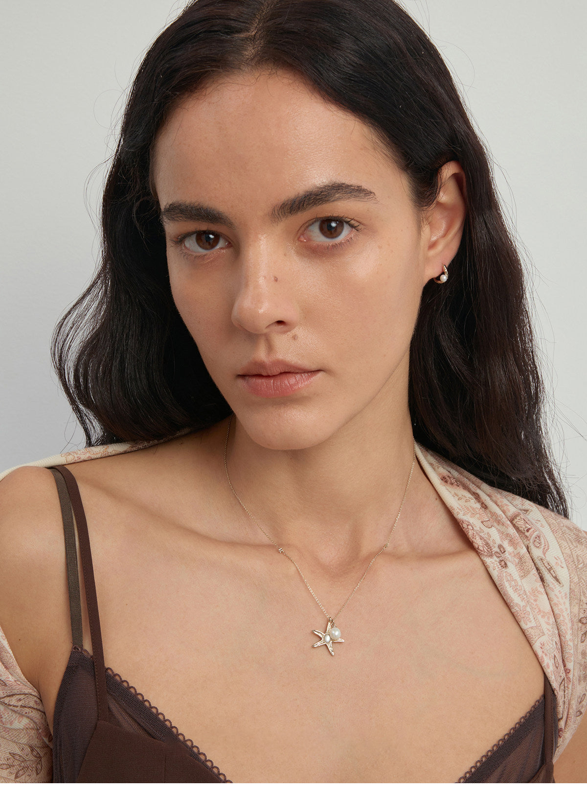 Ocean Series Textured Starfish Pendant Necklace, Two Sizes Pale Titanium Gold with Freshwater Pearl & Mother of Pearl Adjustable Chain for Women   LUNA-X261