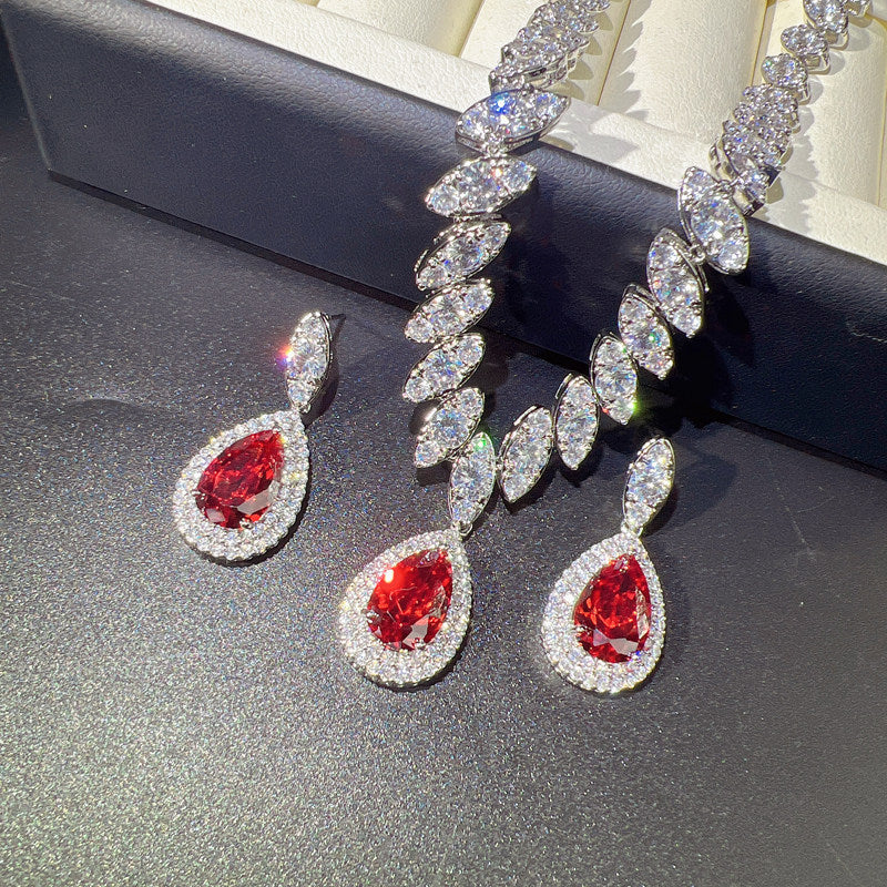 Luxury Teardrop Cubic Zirconia Jewelry Set - Elegant Crystal Statement Necklace and Dangle Earrings - White Gold Plated Bridal Banquet Set in 4 Royal Colors LUNA-X124