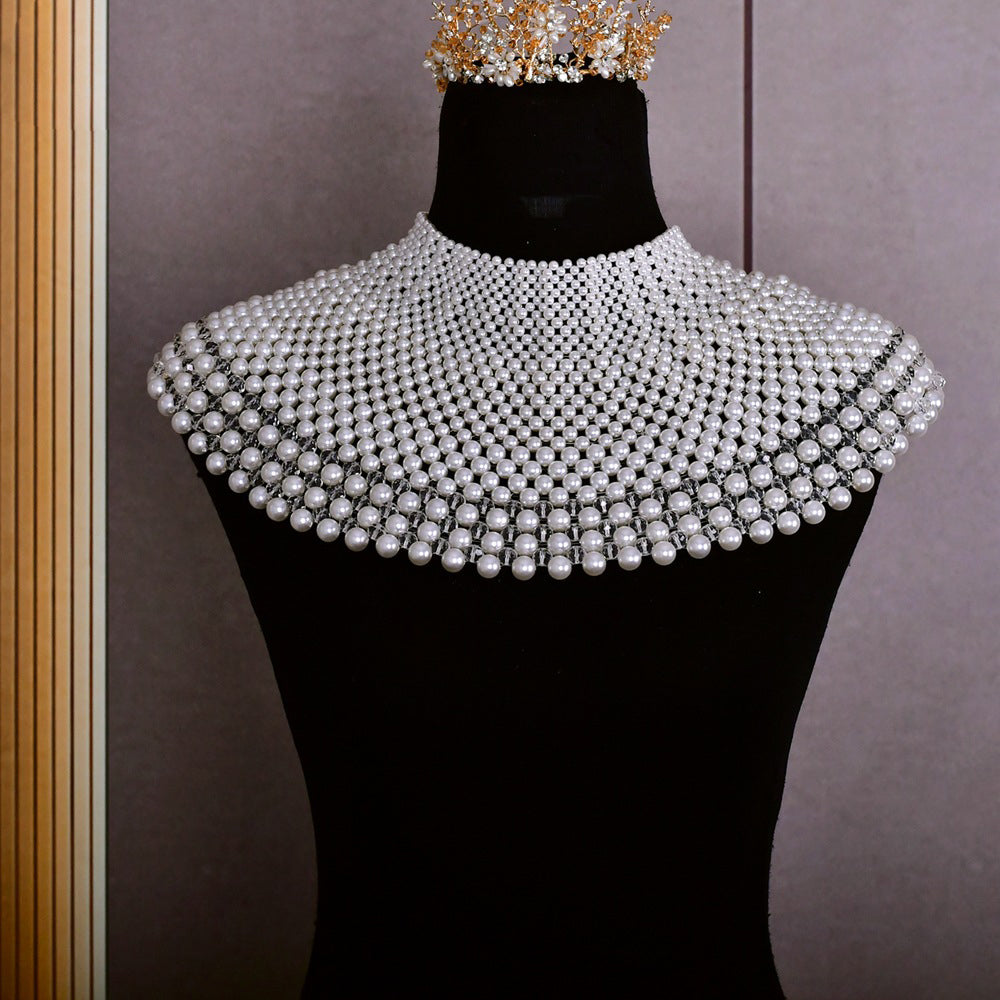 Statement Pearl Collar Necklace Body Chain - Red Carpet Couture Bridal Shoulder Capelet High Neck Pearls Shoulder Jewelry  LUNA-X231