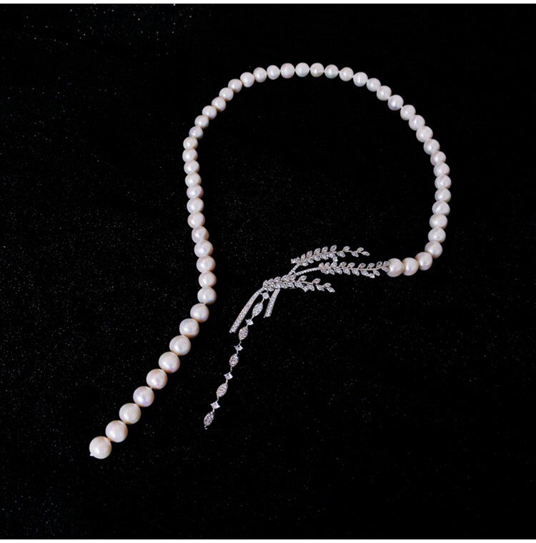 "Audrey's Garden" Freshwater imitation pearl & Marquise Zircon Leaf Drop Necklace, Platinum Plated Bridal & Timeless Cocktail Statement Jewelry LUNA-X167