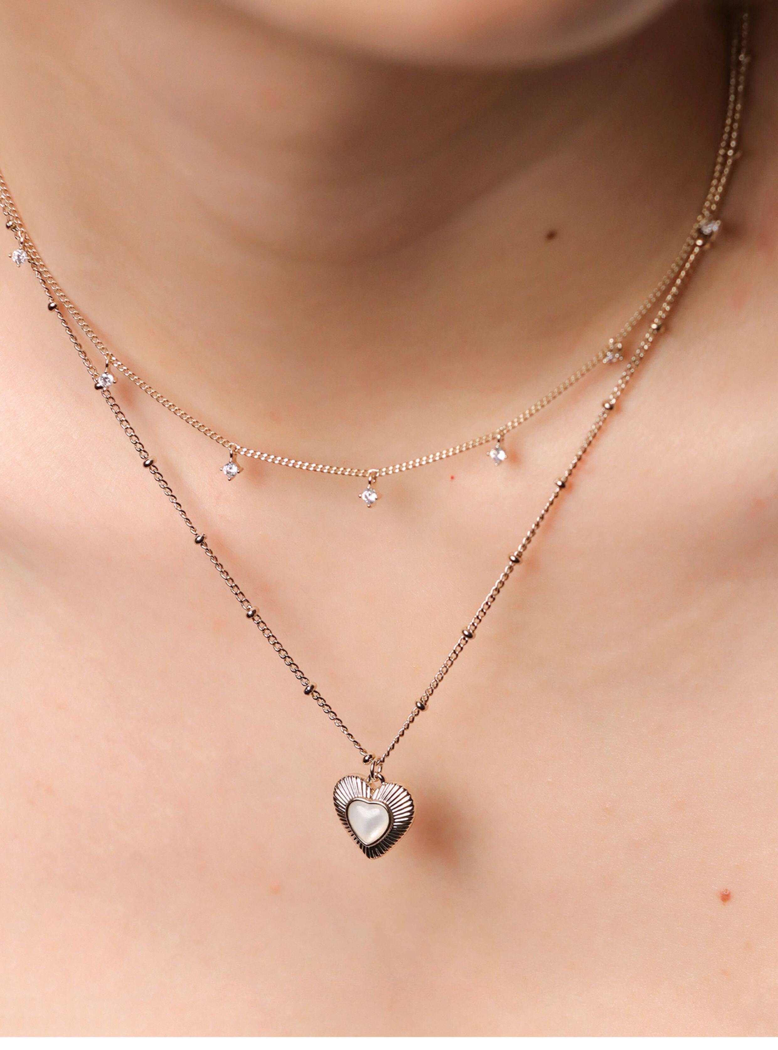 Two-Layer Star CZ & Sunburst Heart Mother of Pearl Pendant Necklace, Pale Titanium Gold Stackable Adjustable Chain for Women  LUNA-X255