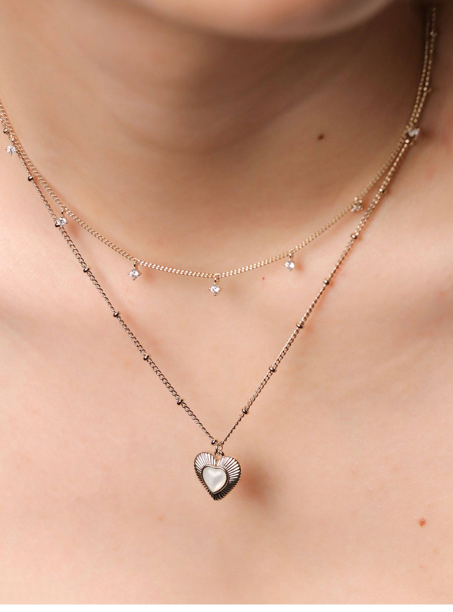 Two-Layer Star CZ & Sunburst Heart Mother of Pearl Pendant Necklace, Pale Titanium Gold Stackable Adjustable Chain for Women  LUNA-X255