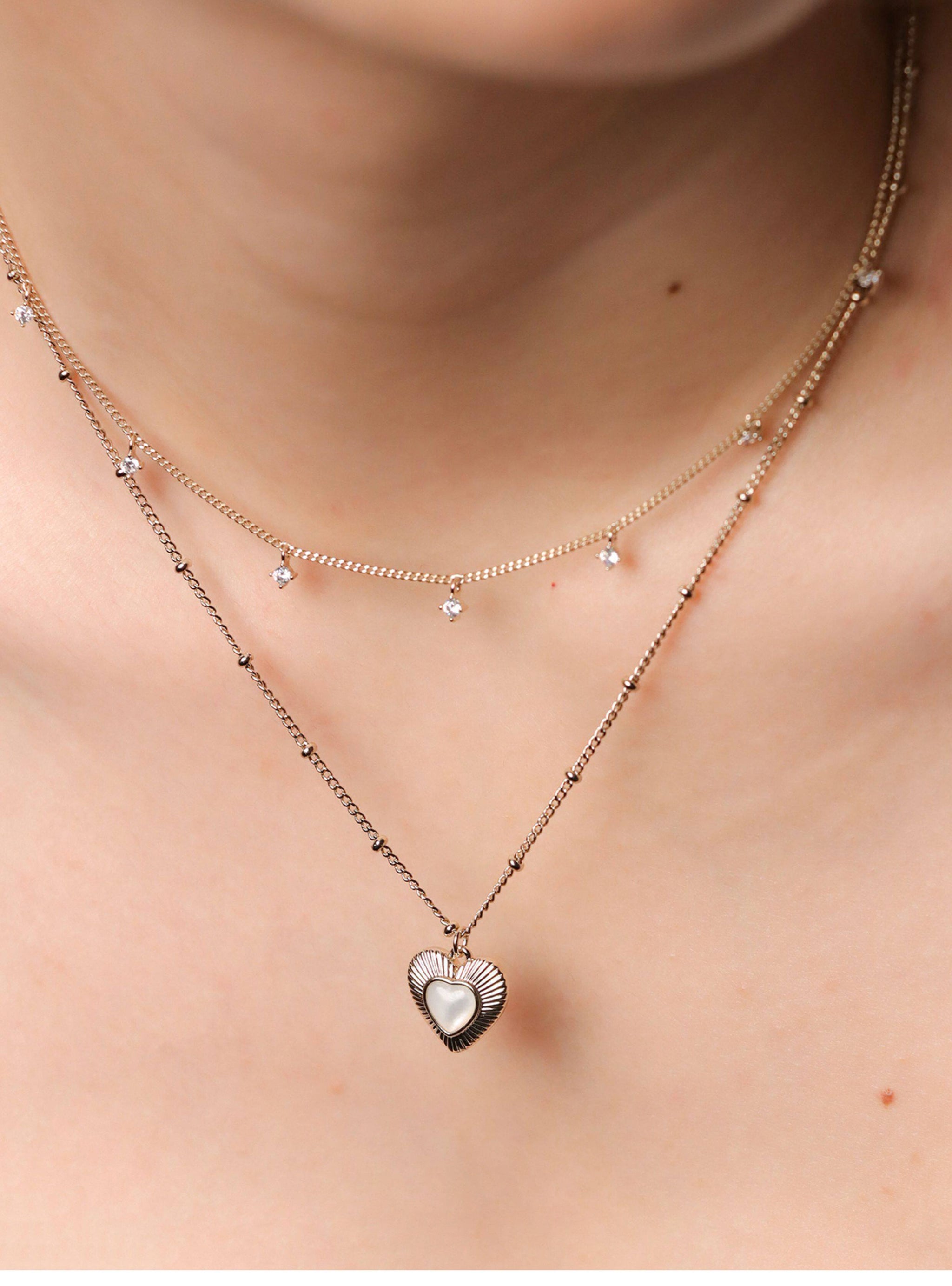 Two-Layer Star CZ & Sunburst Heart Mother of Pearl Pendant Necklace, Pale Titanium Gold Stackable Adjustable Chain for Women  LUNA-X255