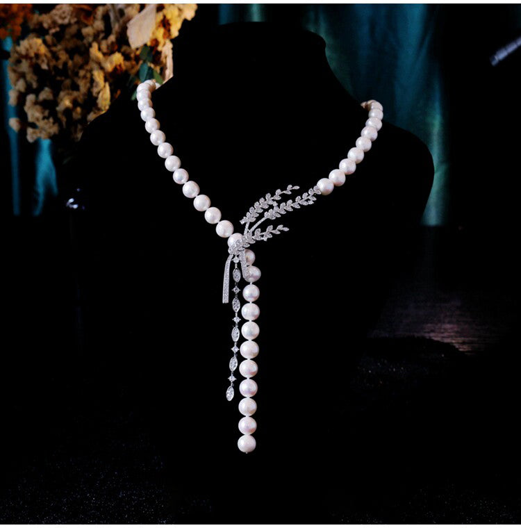 "Audrey's Garden" Freshwater Pearl & Marquise Zircon Leaf Drop Necklace, Platinum Plated Bridal & Timeless Cocktail Statement Jewelry LUNA-X167