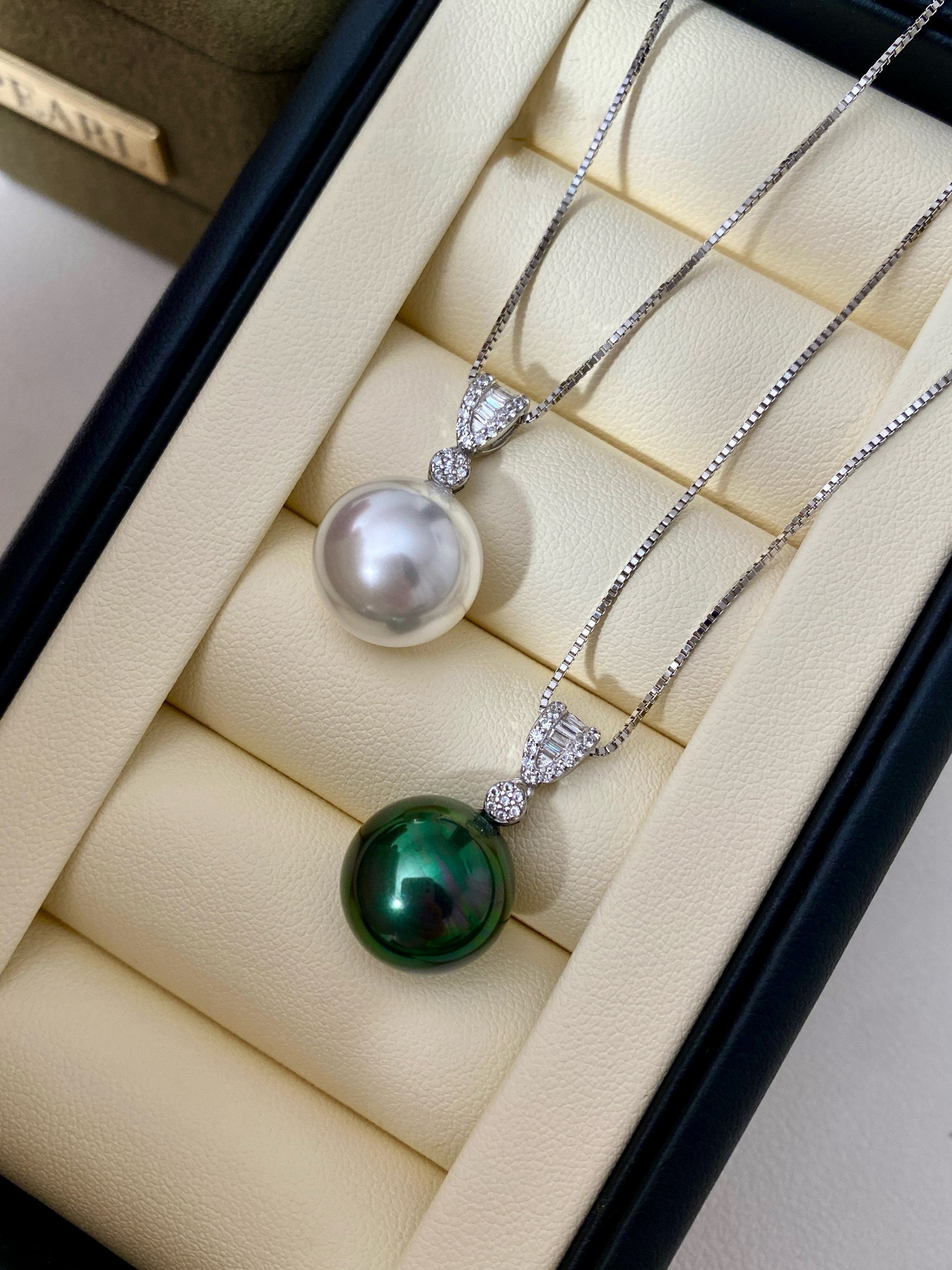 Cubic Zirconia Pearl Pendant Necklace For Women 14mm Two Tones Peacock Black & Cool White Shell Pearl Adjustable 40+5cm Box Chain Luxury Wedding Formal Jewelry Gift For Ladies Mom LUNA-X284