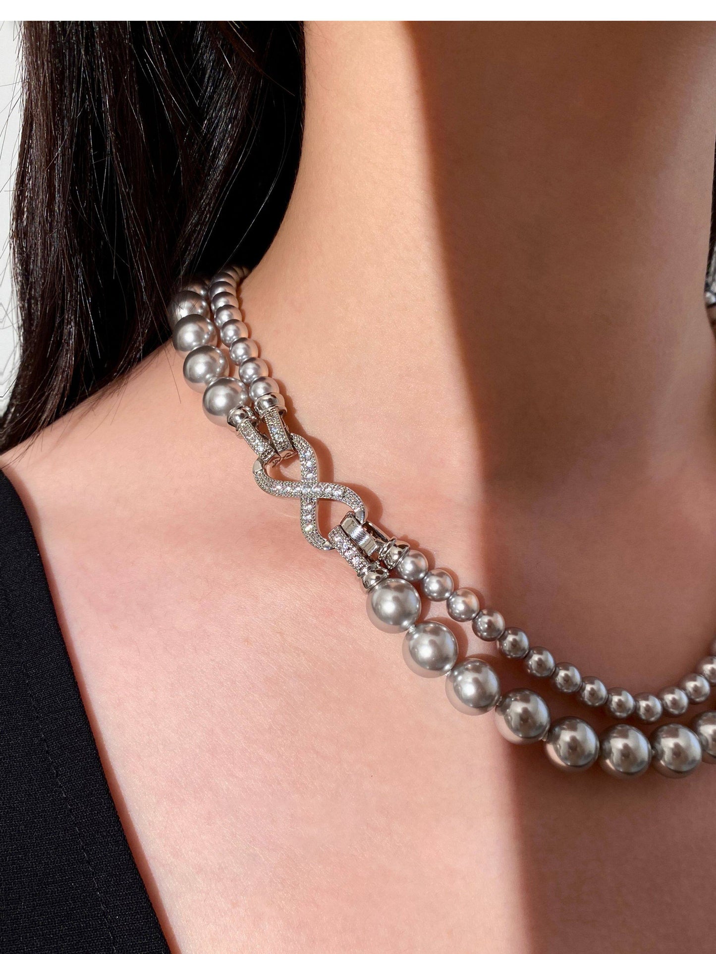 Double Layer Gradient Pearl Choker Necklace for Women, Two-Tier Australian White & Gray Madama Pearls 4/6mm+8/10mm Adjustable 44-46cm Collarbone Chain Crystal Infinity Clasp Wedding Bridal Statement Fine Jewelry Gift  LUNA-X294