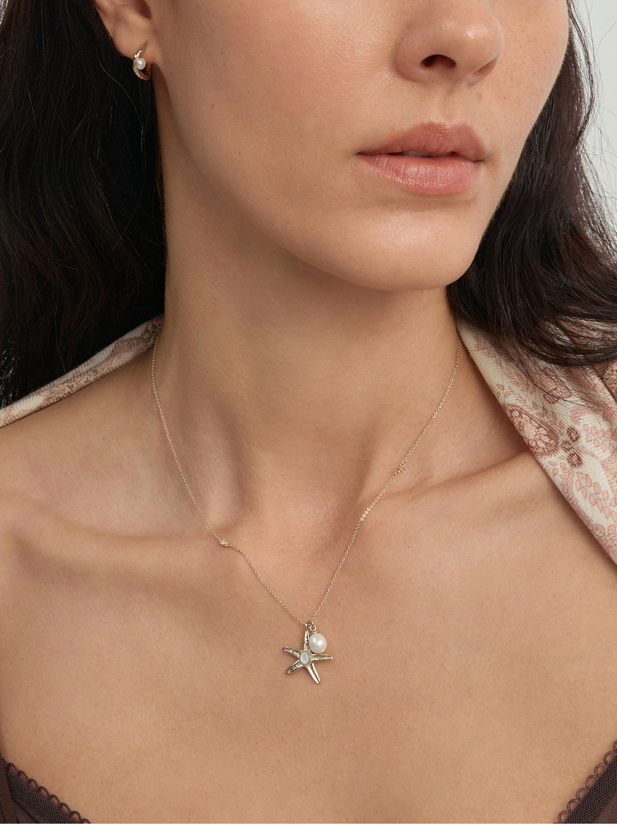 Ocean Series Textured Starfish Pendant Necklace, Two Sizes Pale Titanium Gold with Freshwater Pearl & Mother of Pearl Adjustable Chain for Women   LUNA-X261