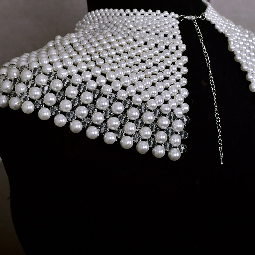 Statement Pearl Collar Necklace Body Chain - Red Carpet Couture Bridal Shoulder Capelet High Neck Pearls Shoulder Jewelry  LUNA-X231