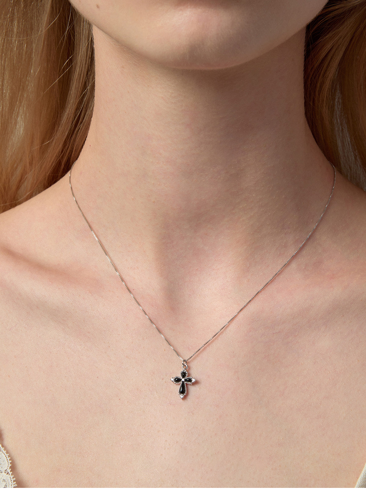 Women’s Vintage Filigree Hollow Cross Pendant Necklace, Two Sizes, Silver Rhodium Plated, Black Onyx / White Mother of Pearl & Cubic Zirconia Adjustable Chain LUNA-X258