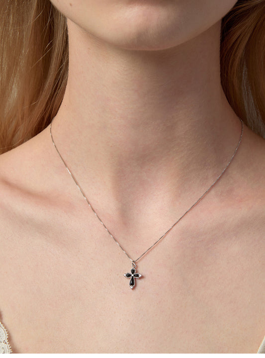 Women’s Vintage Filigree Hollow Cross Pendant Necklace, Two Sizes, Silver Rhodium Plated, Black Onyx / White Mother of Pearl & Cubic Zirconia Adjustable Chain LUNA-X258