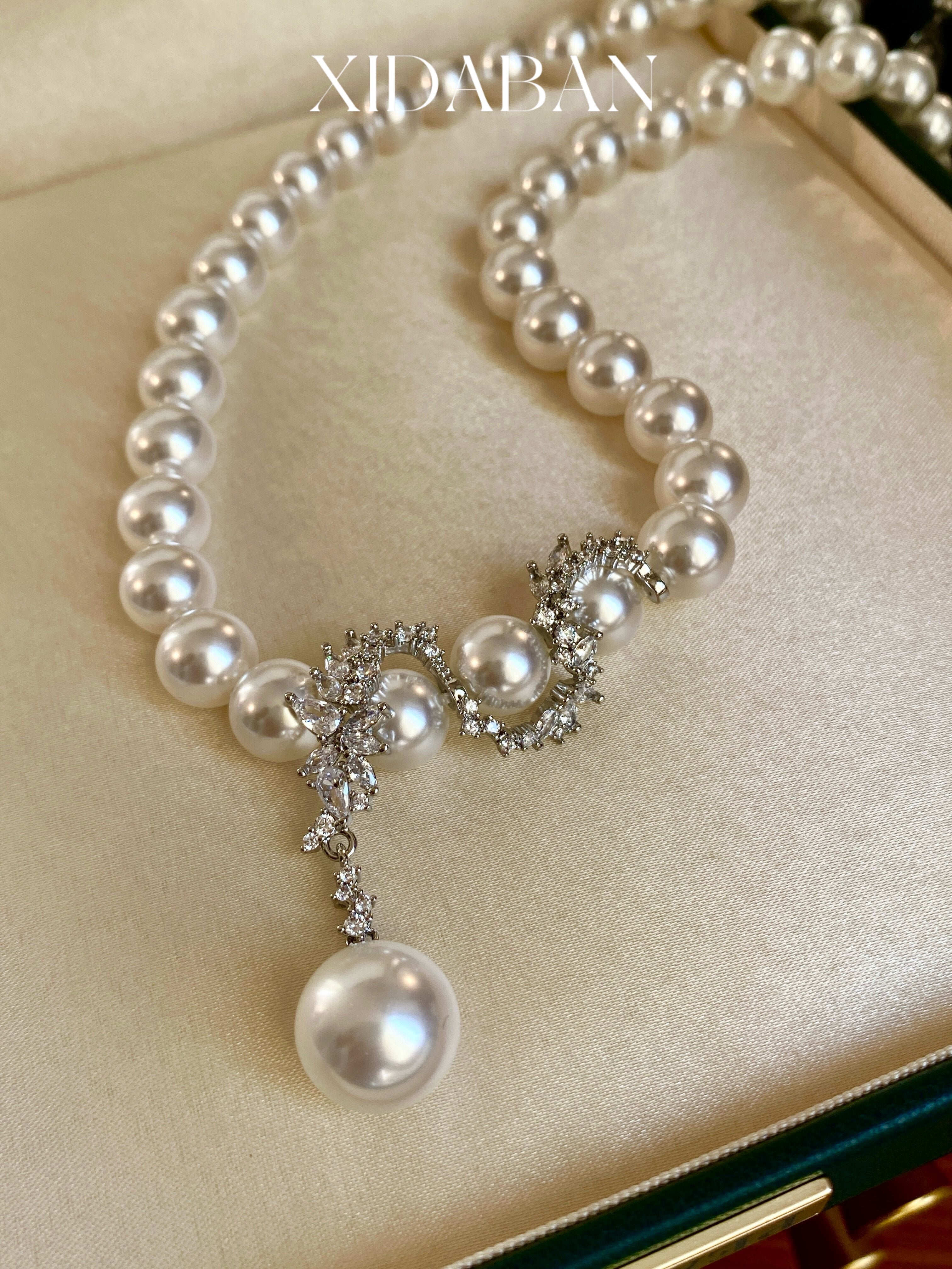 Y Drop Australian White Imitation Pearl Strand Necklace for Bridal Women, 8mm & 10mm Cool Luster Imitation Pearl with Floral Cubic Zirconia Accents, 45cm Collarbone Chain Formal Wedding Evening Party Fine Jewelry Gift LUNA-X292
