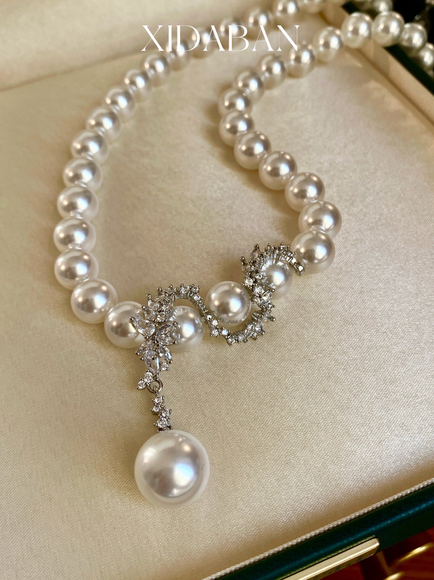 Y Drop Australian White Pearl Strand Necklace for Bridal Women, 8mm & 10mm Cool Luster Pearl with Floral Cubic Zirconia Accents 45cm Collarbone Chain Formal Wedding Evening Party Fine Jewelry Gift  LUNA-X292