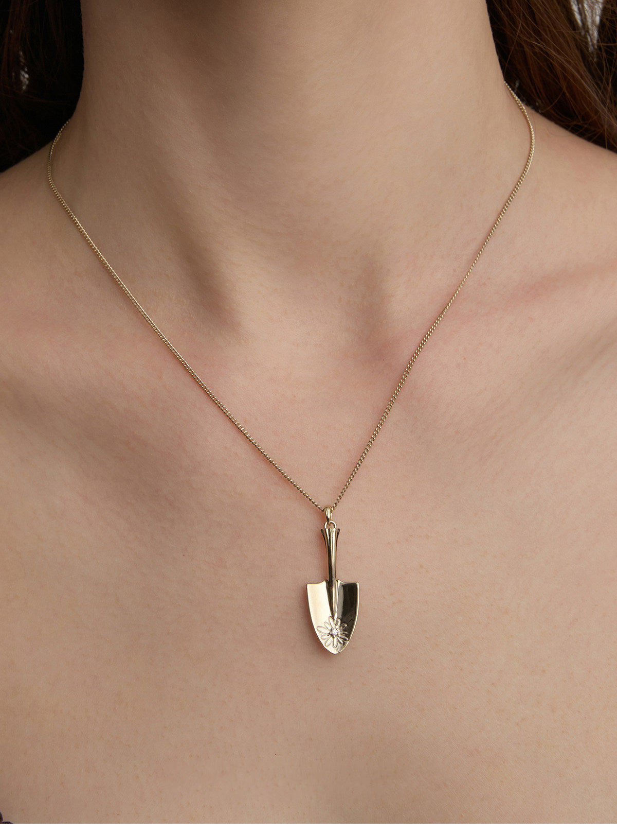 Dual Size Garden Trowel Daisy Pendant Necklace For Women Light Titanium Gold Plated Copper Zircon Nature Gardener Jewelry Mini Short Chain & Oversized Extra Long Sweater Chain Two Options   LUNA-X270