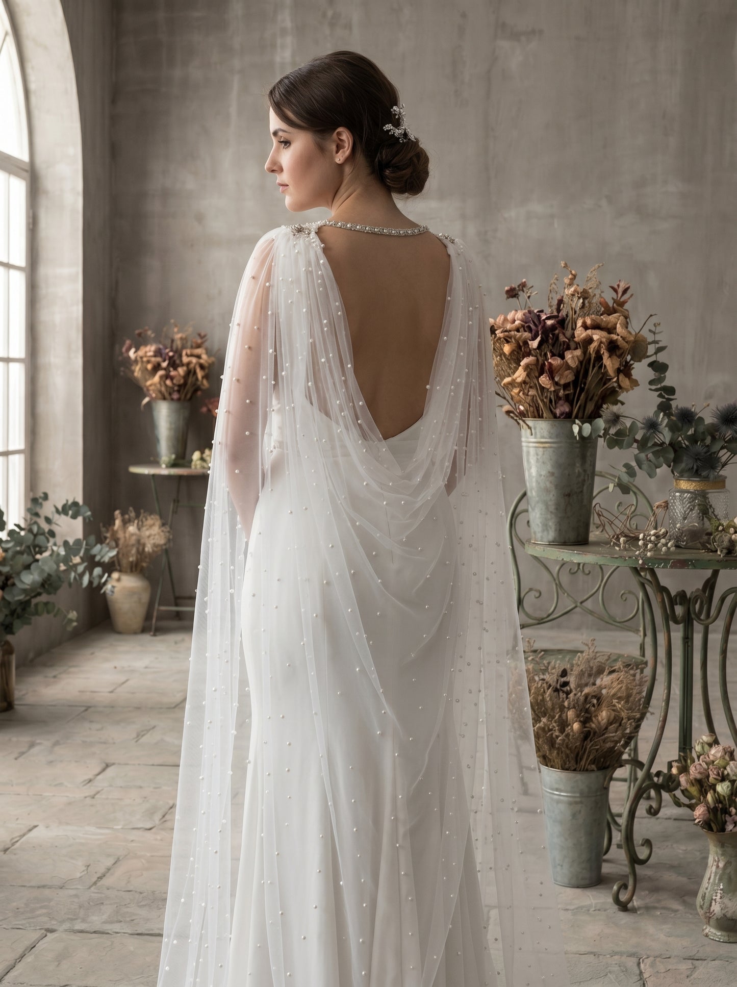 Cathedral Pearl Bridal Cape Veil with Rhinestone Collar - Luxury 300x300cm Detachable Wedding Cape Jewelry Statement   LUNA-X223