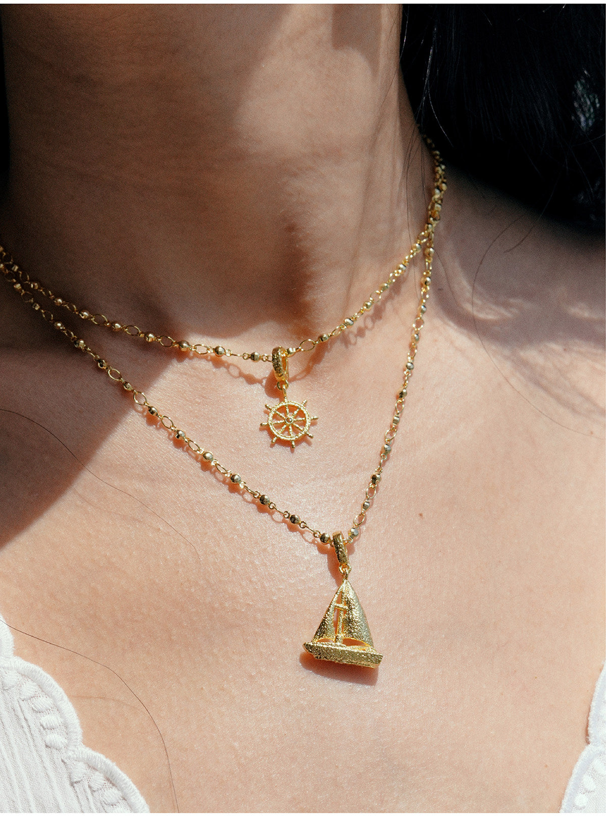 18K Gold Plated Nautical DIY Charm Necklace For Women Sold Separately Adjustable Thin Chain, 6 Detachable Pendants Sailboat Ship Wheel Telescope Teardrop Color Cubic Zirconia Custom Layering Ocean Travel Jewelry Gift LUNA-X280