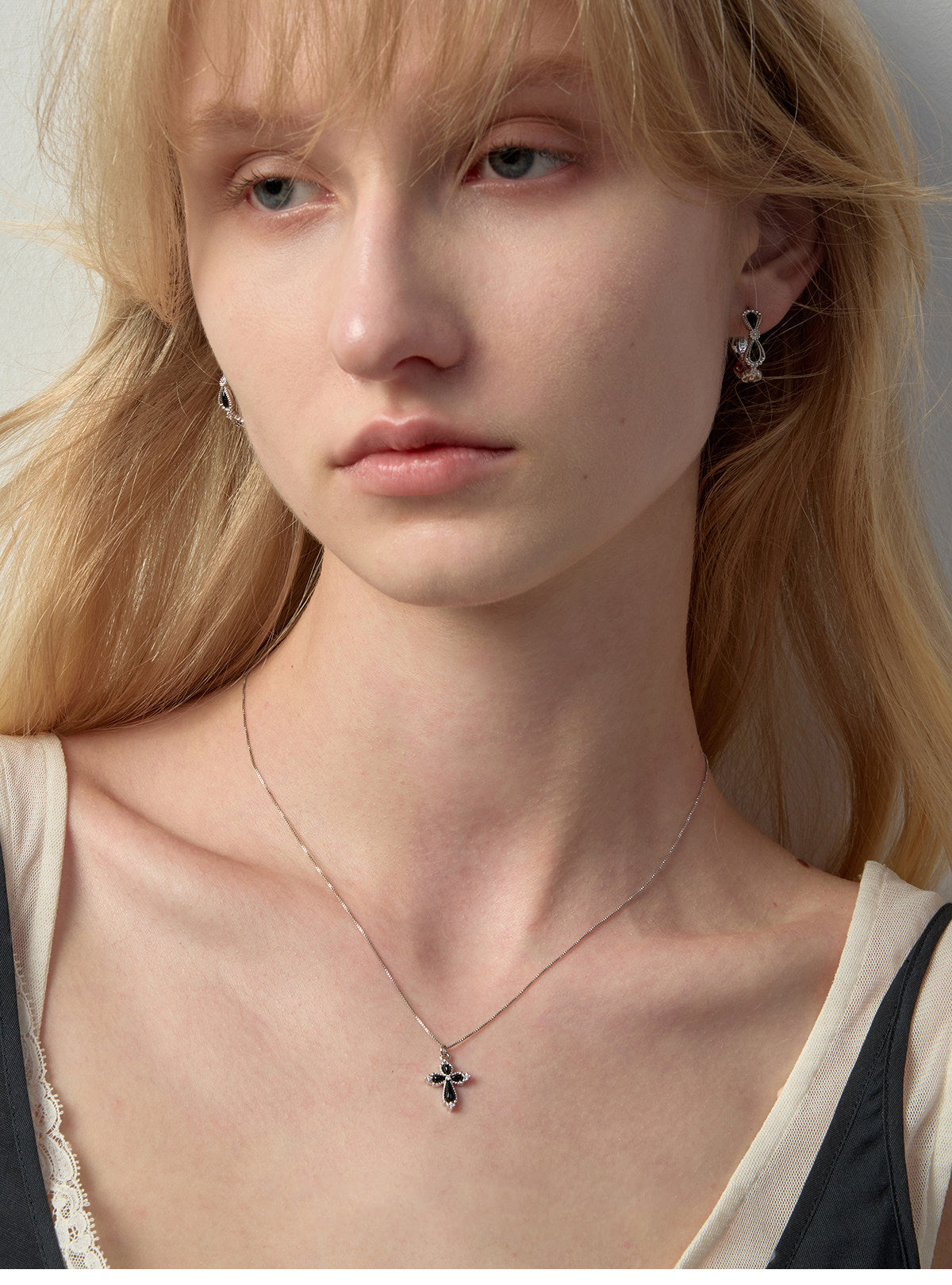 Women’s Vintage Filigree Hollow Cross Pendant Necklace, Two Sizes, Silver Rhodium Plated, Black Onyx / White Mother of Pearl & Cubic Zirconia Adjustable Chain LUNA-X258