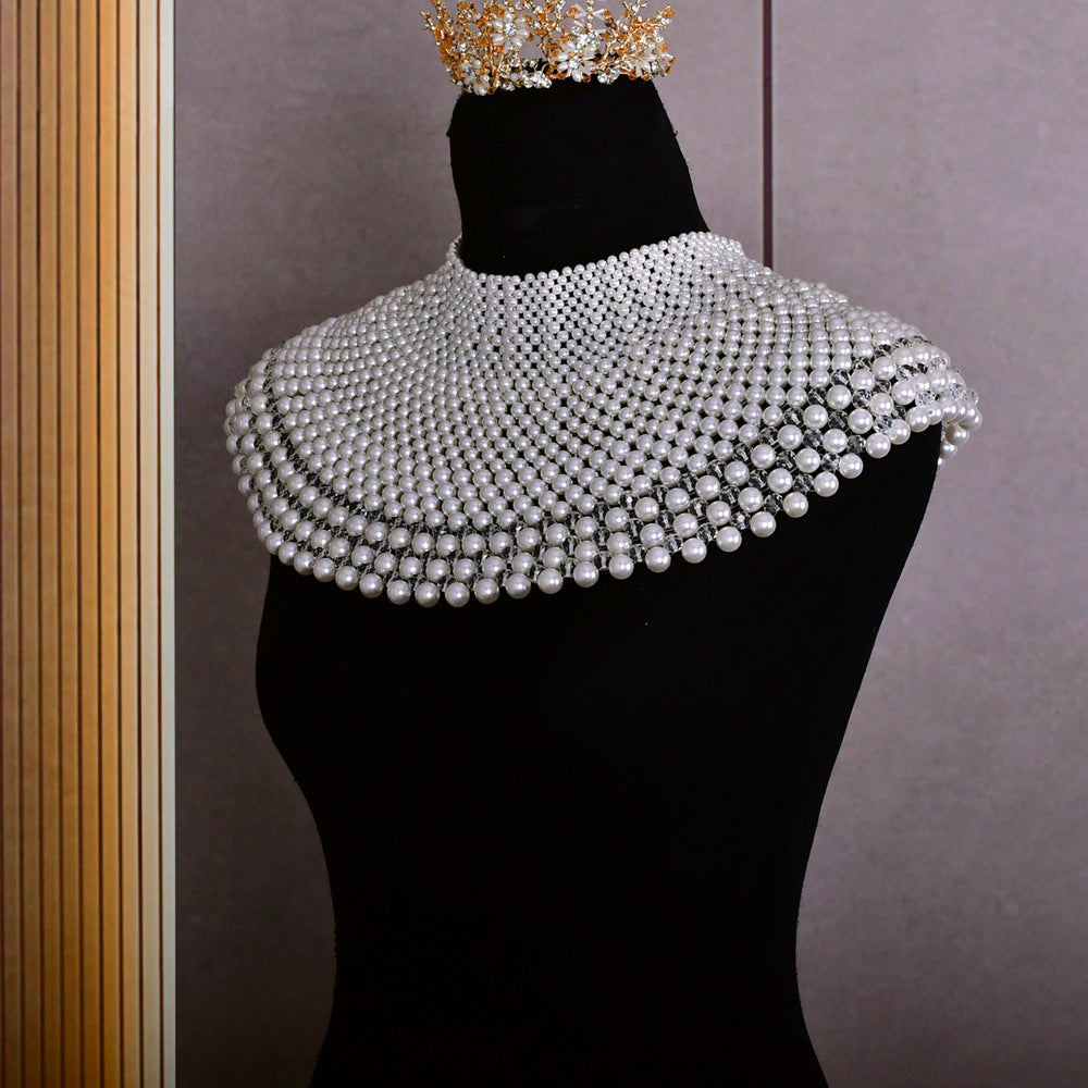 Statement Pearl Collar Necklace Body Chain - Red Carpet Couture Bridal Shoulder Capelet High Neck Pearls Shoulder Jewelry  LUNA-X231