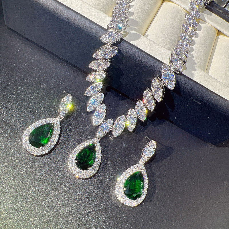 Luxury Teardrop Cubic Zirconia Jewelry Set - Elegant Crystal Statement Necklace and Dangle Earrings - White Gold Plated Bridal Banquet Set in 4 Royal Colors LUNA-X124