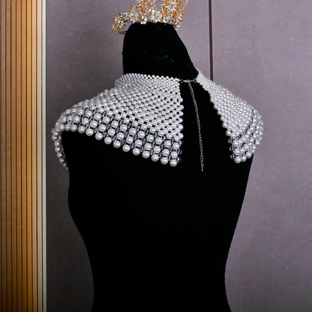 Statement Pearl Collar Necklace Body Chain - Red Carpet Couture Bridal Shoulder Capelet High Neck Pearls Shoulder Jewelry  LUNA-X231