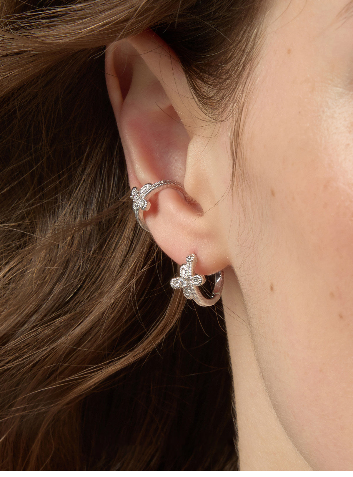 Vintage Gothic Lace Cross Hoop Earrings Non Pierced Ear Cuffs For Women Florence Cathedral Design Dainty Zircon Jewelry Two Tone Gold Silver LUNA-X265