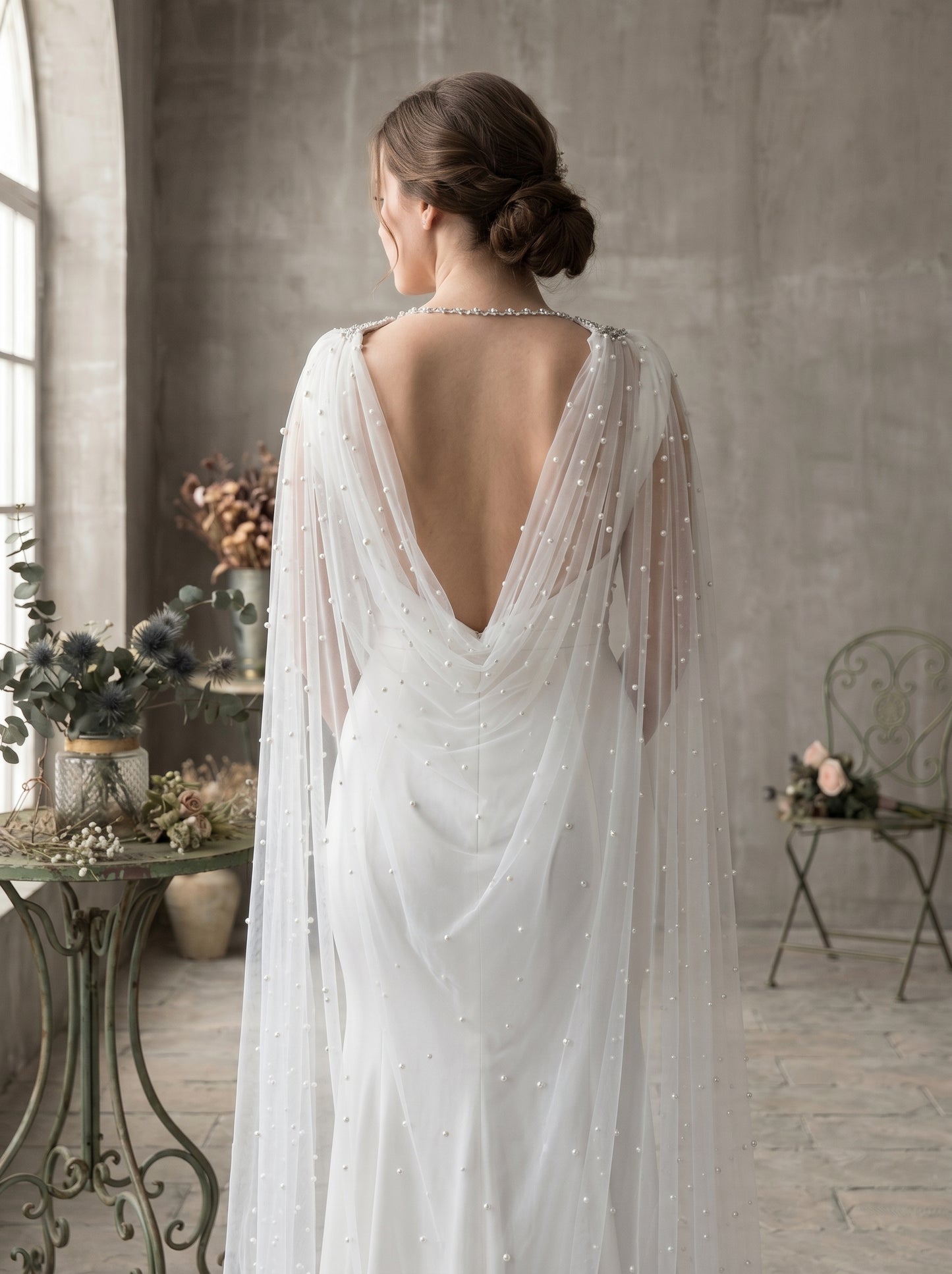 Cathedral Pearl Bridal Cape Veil with Rhinestone Collar - Luxury 300x300cm Detachable Wedding Cape Jewelry Statement   LUNA-X223