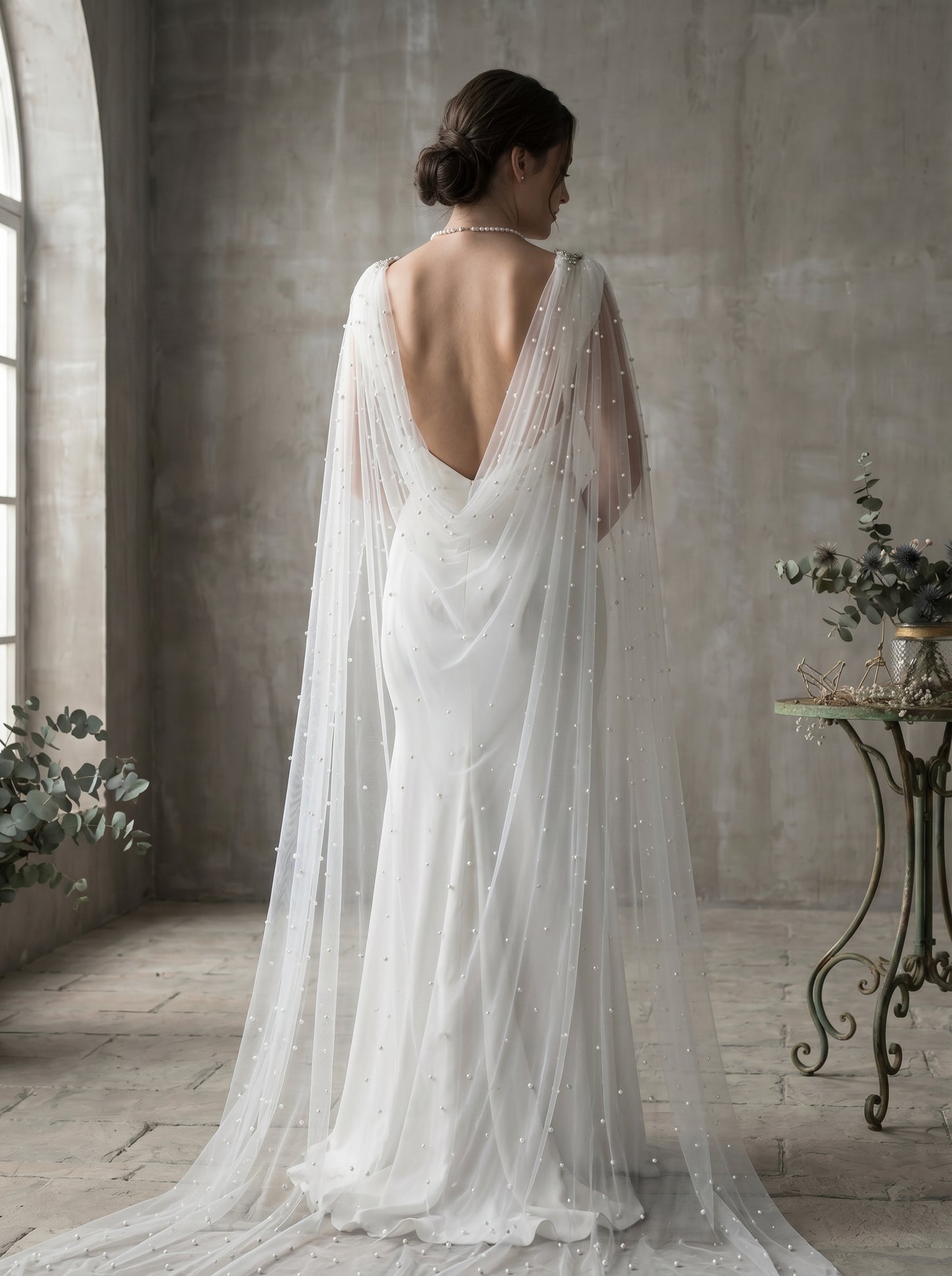 Cathedral Pearl Bridal Cape Veil with Rhinestone Collar - Luxury 300x300cm Detachable Wedding Cape Jewelry Statement   LUNA-X223