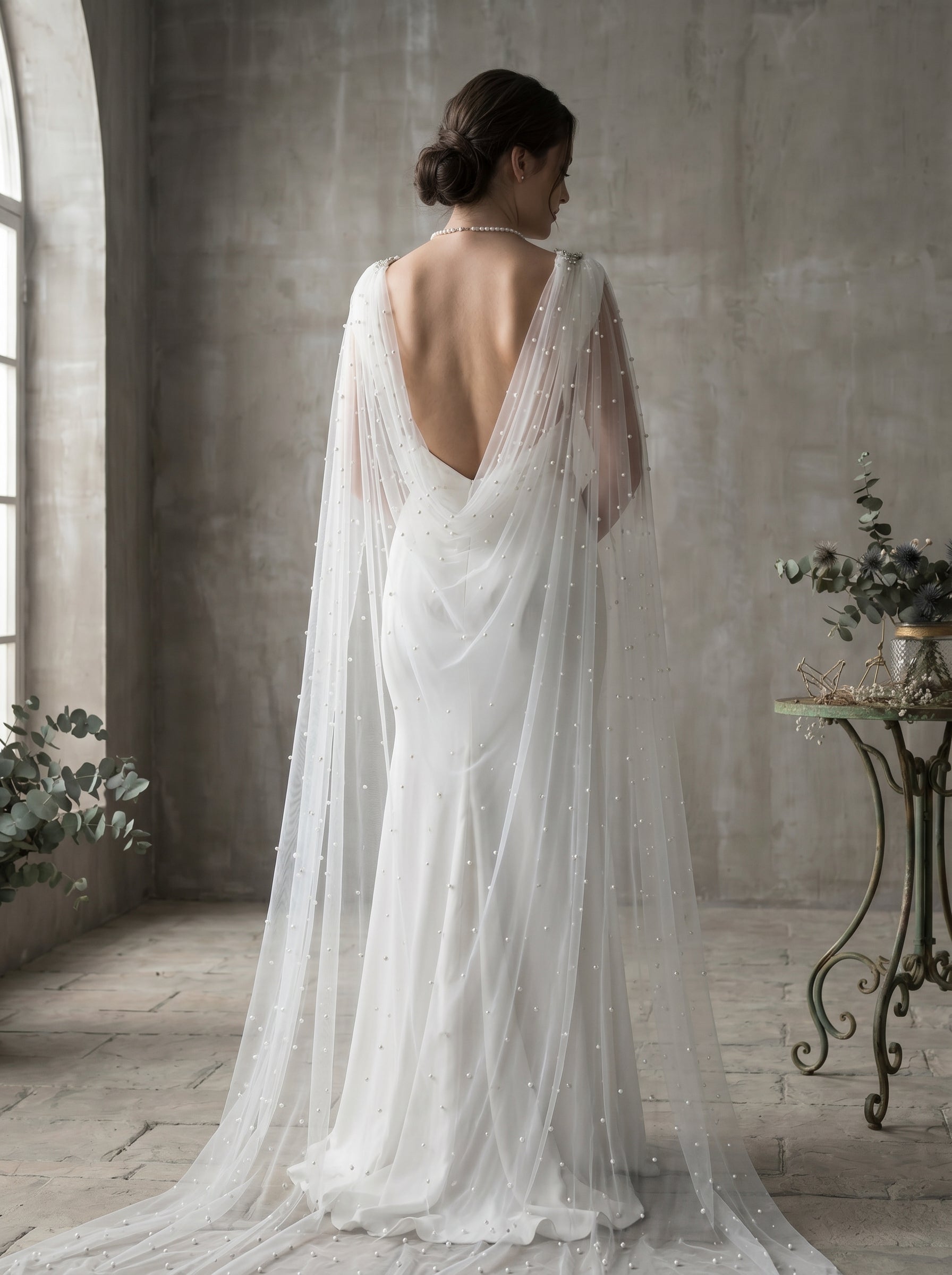 Cathedral Pearl Bridal Cape Veil with Rhinestone Collar - Luxury 300x300cm Detachable Wedding Cape Jewelry Statement   LUNA-X223