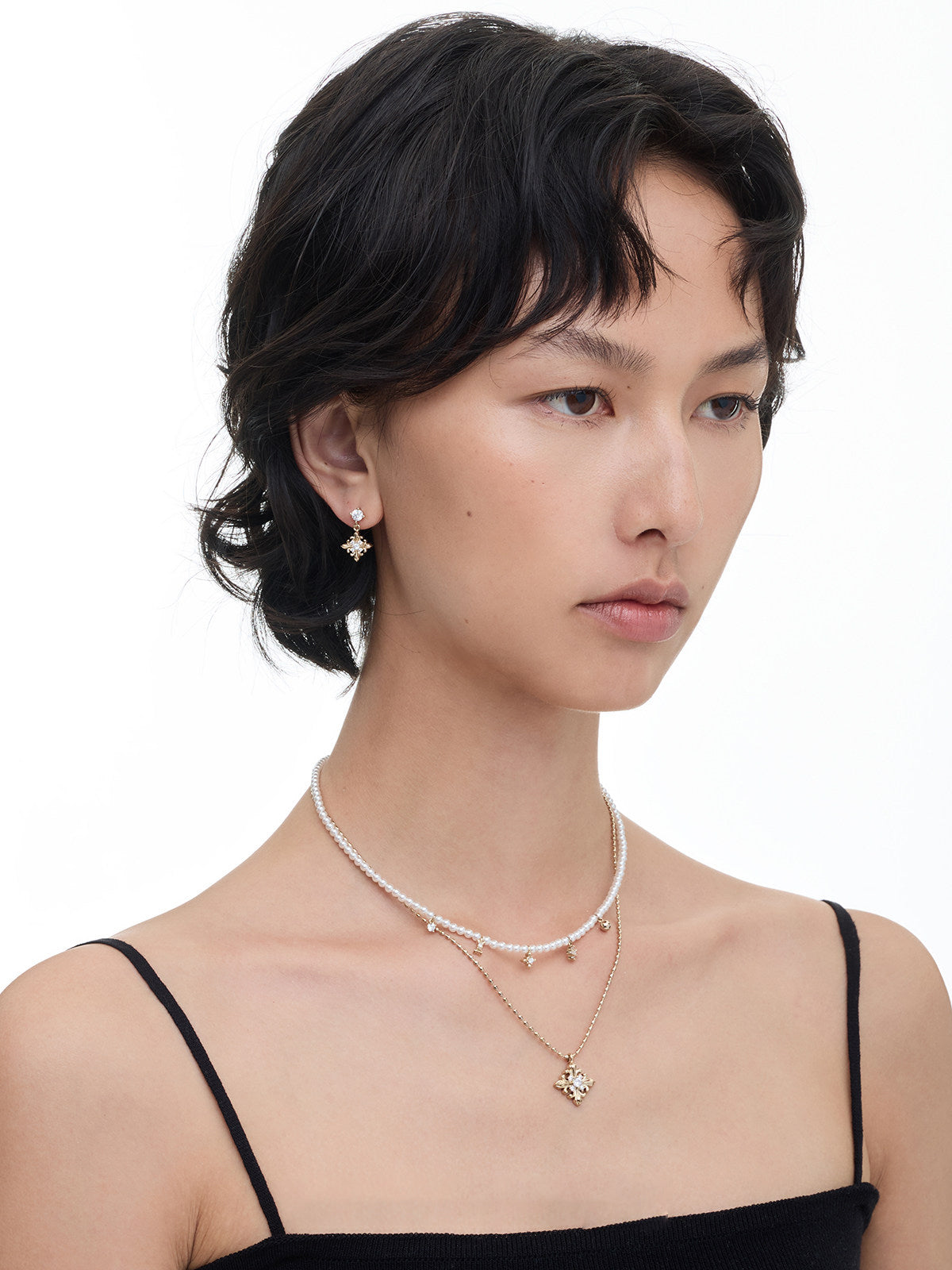 Two Layer Pearl Iris Fleur-de-Lis Necklace for Women Vintage Star Sun Zircon Pendant Dainty Stackable Bridal Jewelry Gift  LUNA-X246