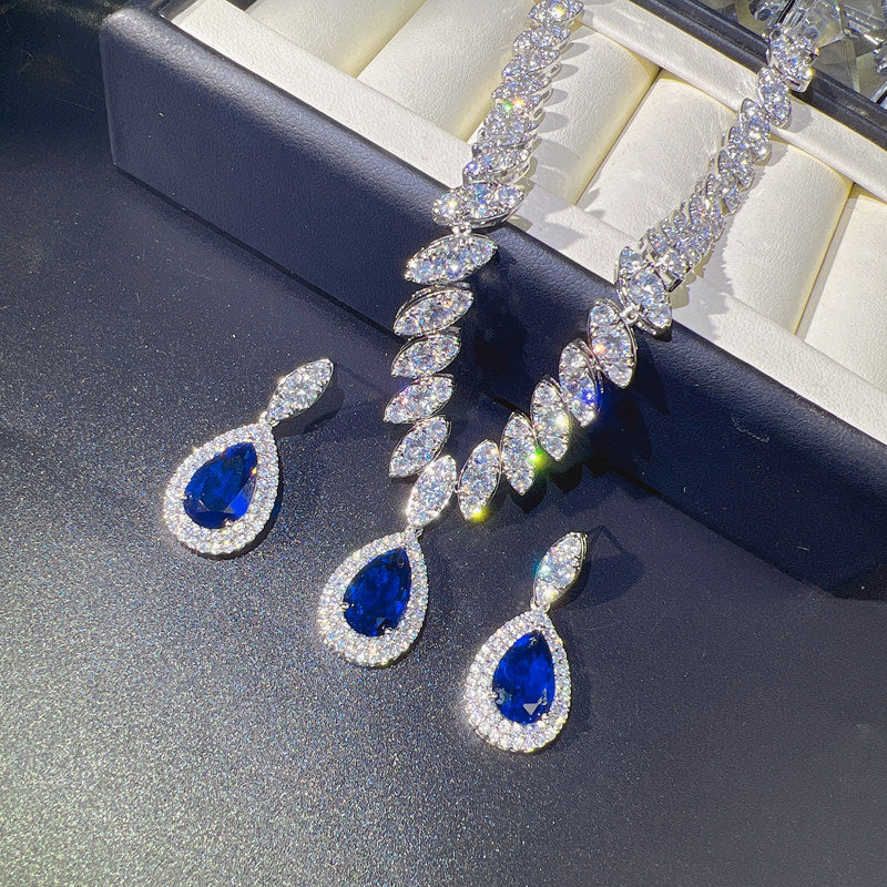 Luxury Teardrop Cubic Zirconia Jewelry Set - Elegant Crystal Statement Necklace and Dangle Earrings - White Gold Plated Bridal Banquet Set in 4 Royal Colors LUNA-X124