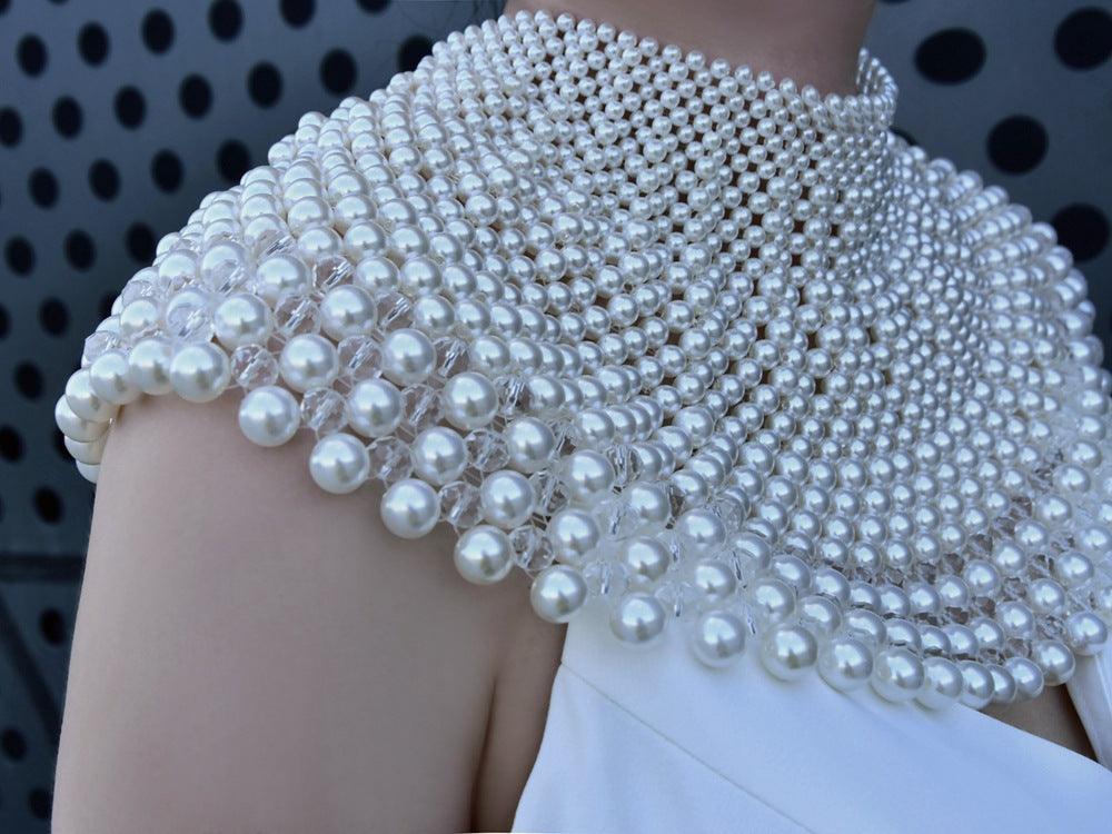 Statement Pearl Collar Necklace Body Chain - Red Carpet Couture Bridal Shoulder Capelet High Neck Pearls Shoulder Jewelry  LUNA-X231