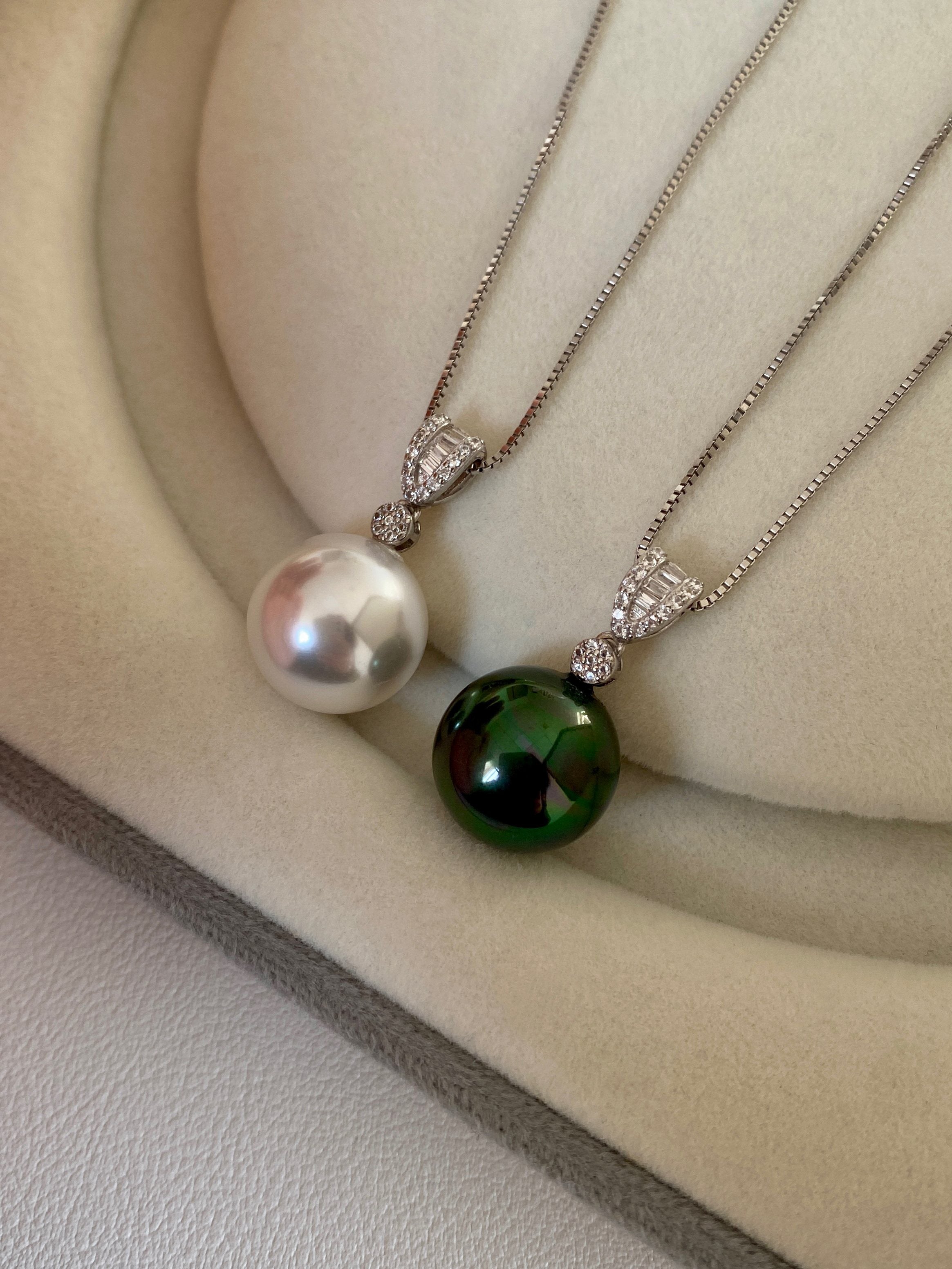 Cubic Zirconia Pearl Pendant Necklace For Women 14mm Two Tones Peacock Black & Cool White Shell Pearl Adjustable 40+5cm Box Chain Luxury Wedding Formal Jewelry Gift For Ladies Mom LUNA-X284