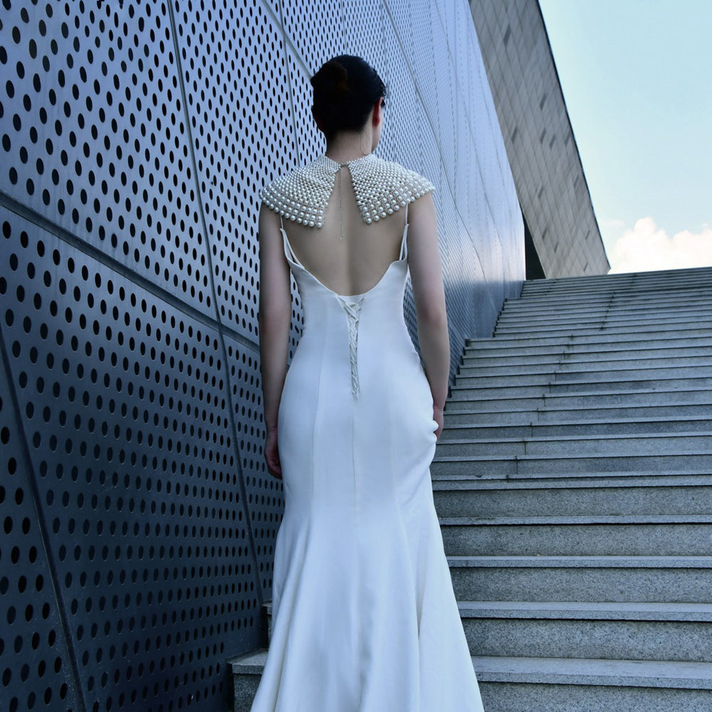 Statement Pearl Collar Necklace Body Chain - Red Carpet Couture Bridal Shoulder Capelet High Neck Pearls Shoulder Jewelry  LUNA-X231