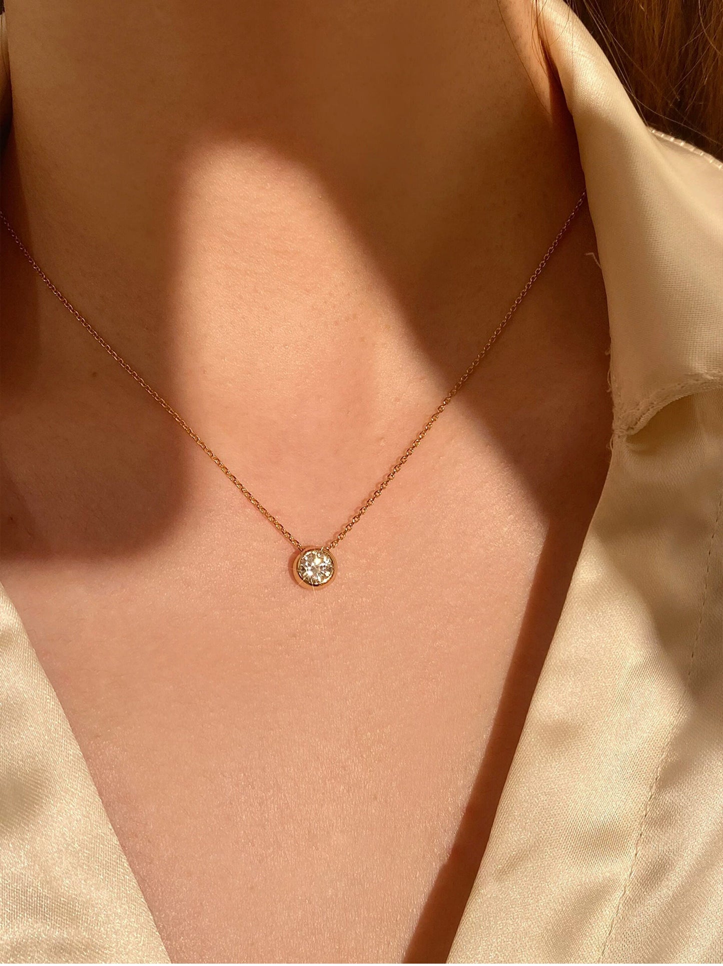 Dainty 60pt Moissanite Bezel Solitaire Gold Necklace for Women, Minimalist Round Bubble Pendant Adjustable 40+5cm Chain Daily Wear Fine Jewelry Gift  LUNA-X289