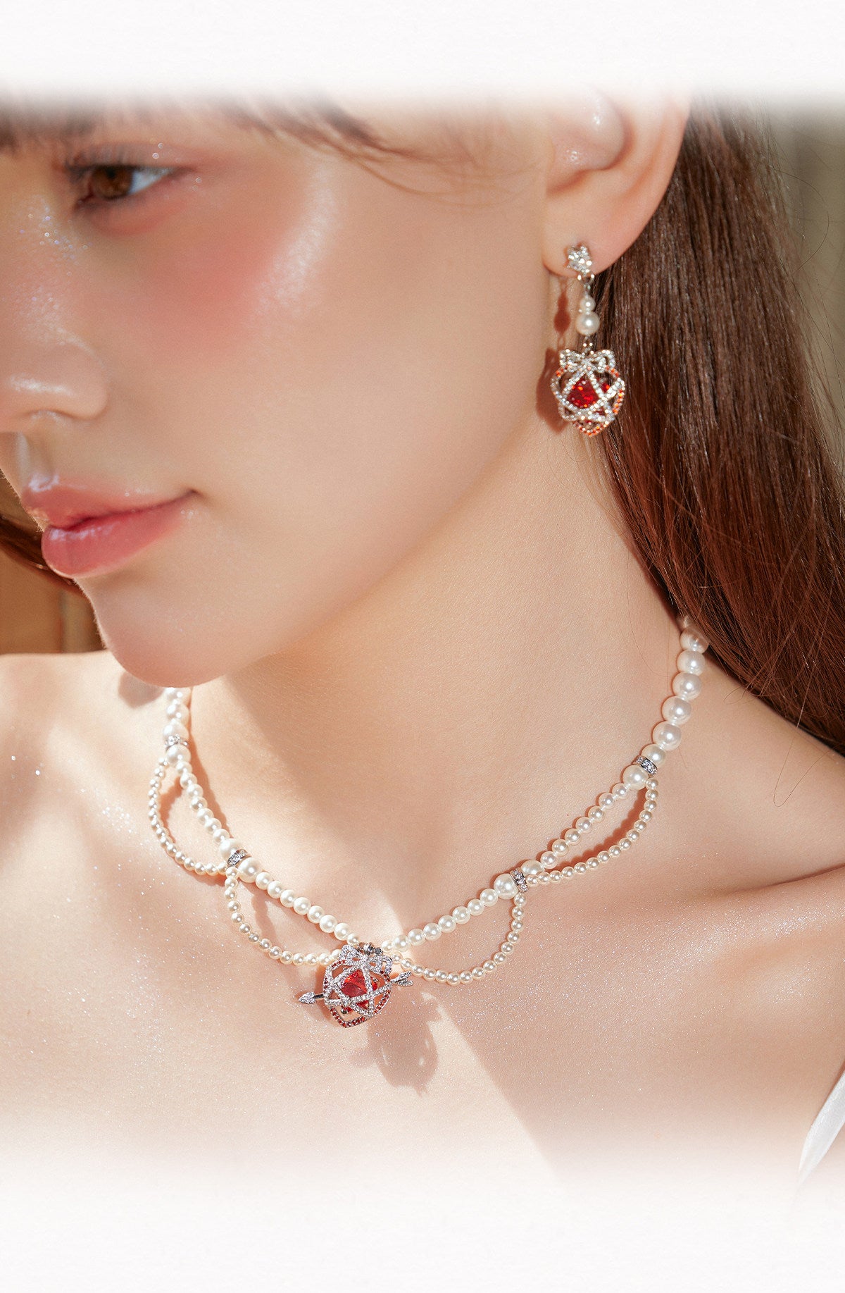 Sweet Bow Red Heart Cage Long Tassel Drop Earrings for Women, White Pearl Inlaid Cubic Zirconia Silver Tone Romantic Valentines Wedding Bridal Dangle Fine Jewelry Gift  LUNA-X299