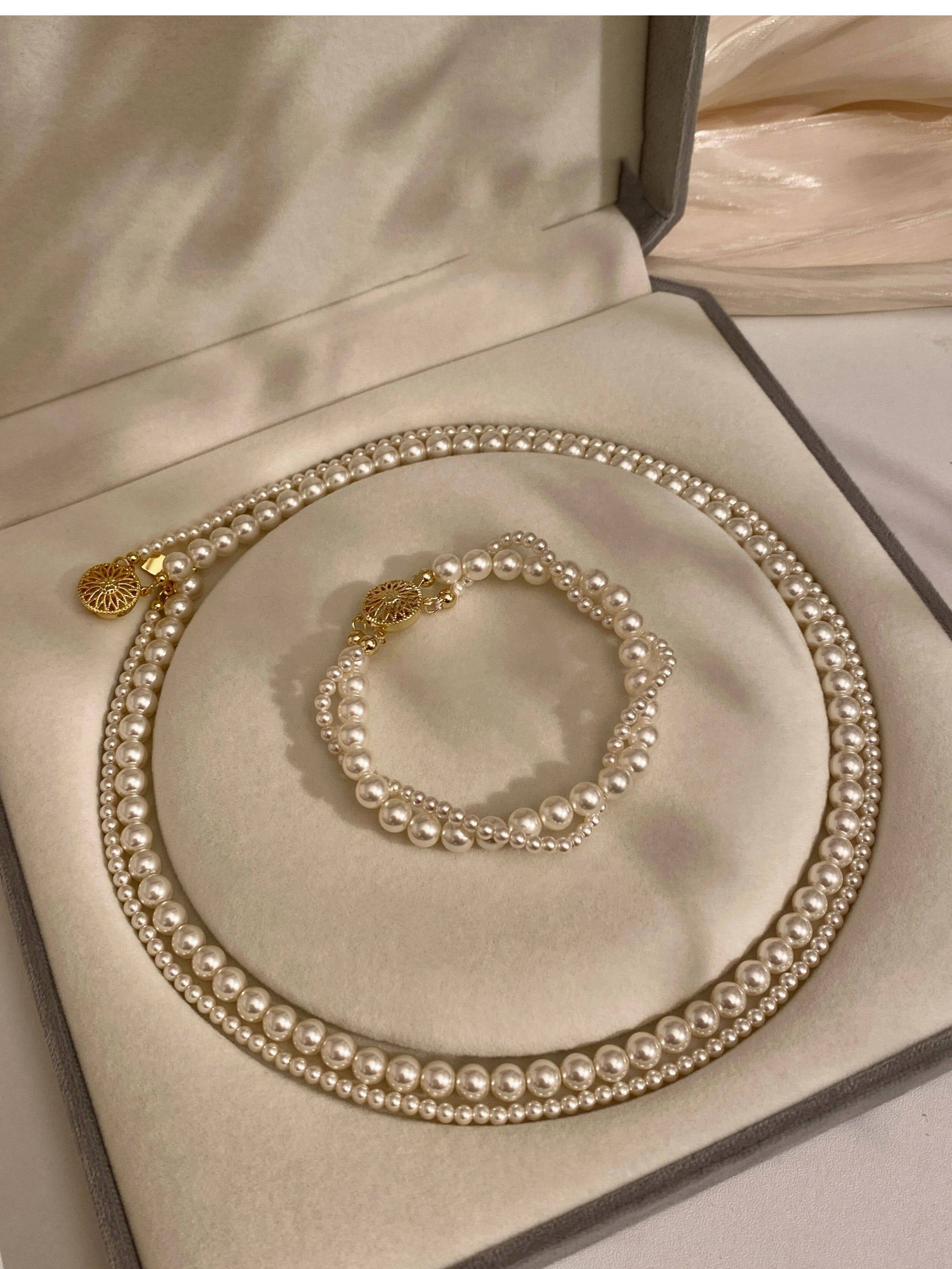 Two Tone Sunflower Clasp Mixed Size Imitation Pearl Necklace For Women 3mm+6mm Gradient Pearl 45cm Adjustable Gold Silver Clasp Cream Grey Australian White French Vintage Daily Jewelry Gift For Ladies   LUNA-X287