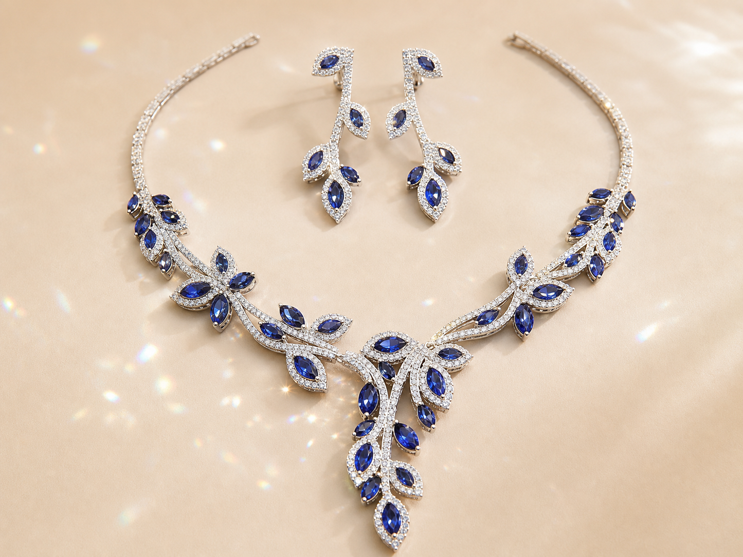 Botanical Vine Bridal Jewelry Set, Luxury Marquise CZ Leaf Necklace & 4.2cm Dangle Earrings Set for Wedding, Royal Blue & Emerald Green  LUNA-X173