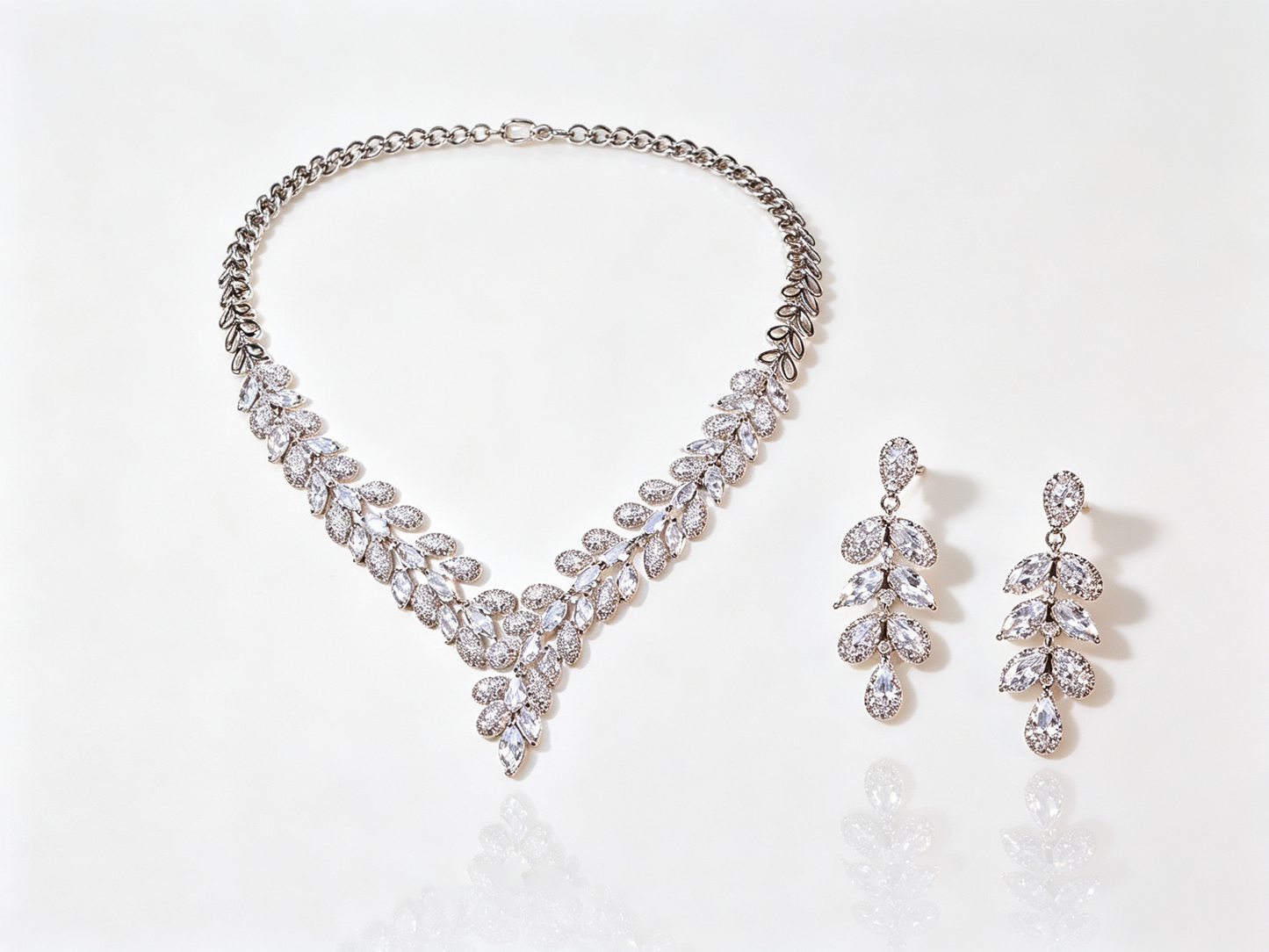 Luxury Leaf Vine V-Necklace & Earring Set - Platinum Plated AAA Zircon Bridal Jewelry LUNA-X147