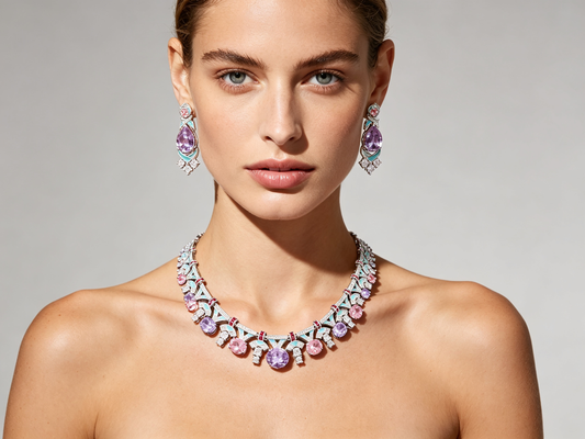 "Palace Garden Palette" Vintage Geometric Jewelry Set, Radiant Pastel Ombre Gemstone Cascade Fringe Necklace & Royal Drop Earrings Duo LUNA-X164